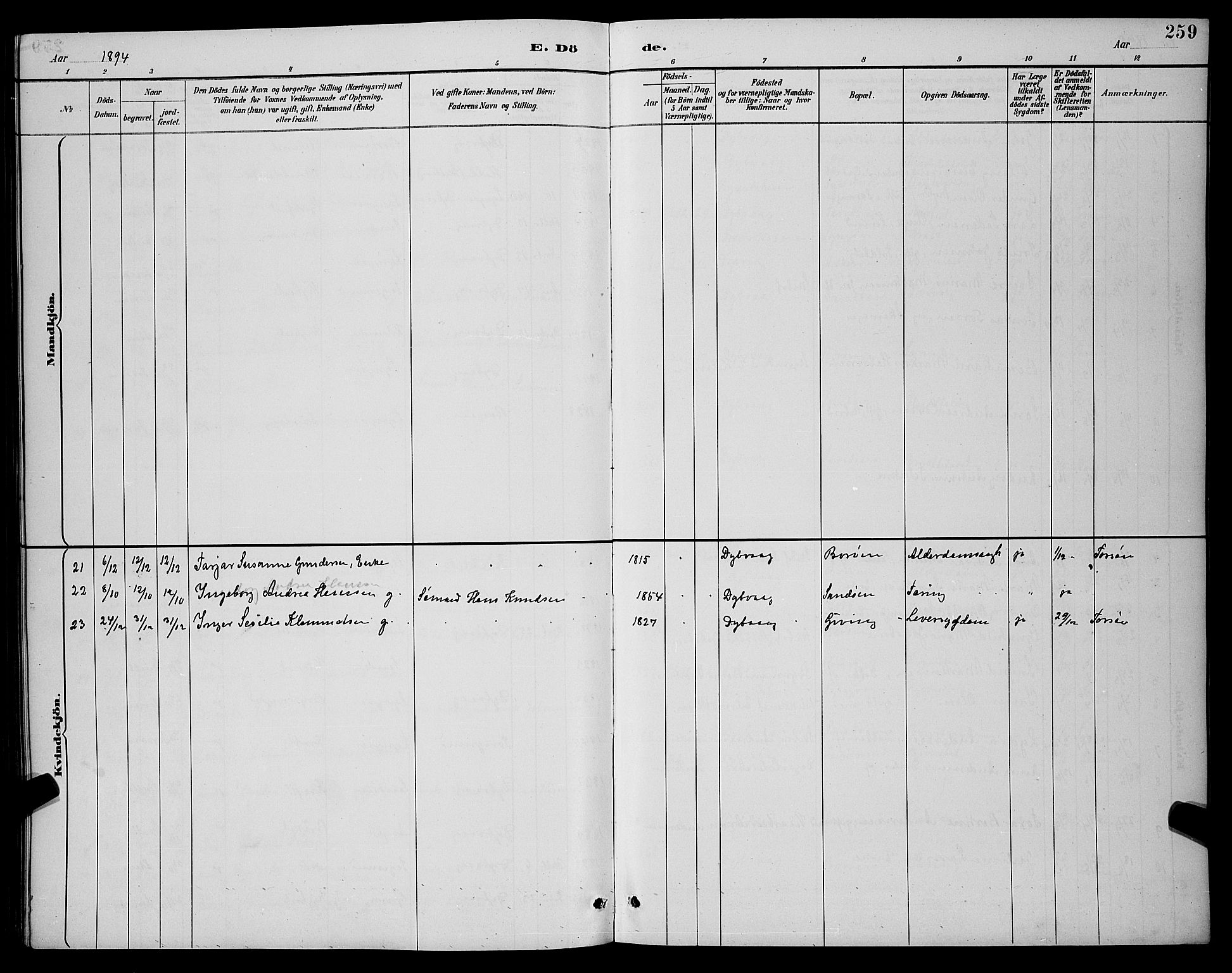 Dypvåg sokneprestkontor, AV/SAK-1111-0007/F/Fb/Fba/L0013: Parish register (copy) no. B 13, 1887-1900, p. 259