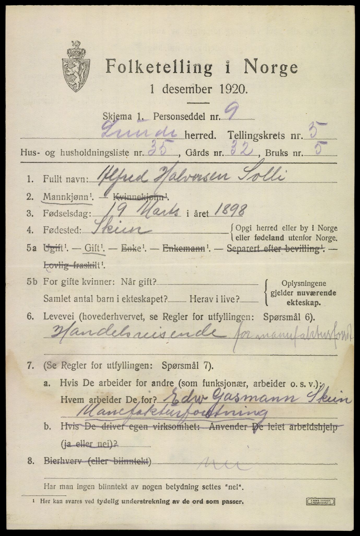 SAKO, 1920 census for Lunde, 1920, p. 3833