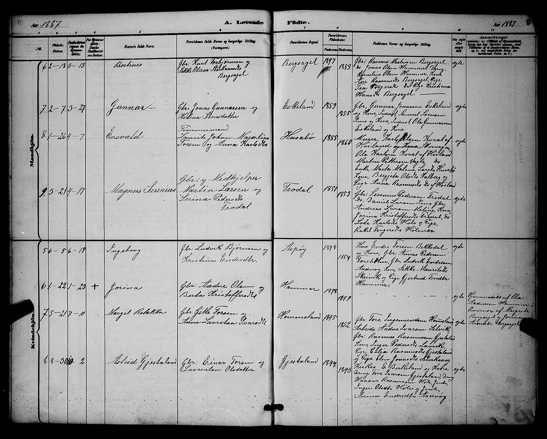 Høgsfjord sokneprestkontor, SAST/A-101624/H/Ha/Hab/L0003: Parish register (copy) no. B 3, 1886-1905, p. 9