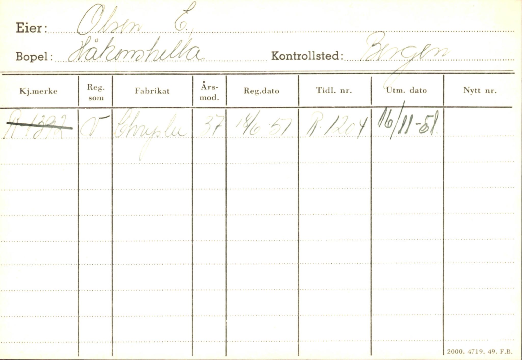 Statens vegvesen, Hordaland vegkontor, AV/SAB-A-5201/2/Ha/L0042: R-eierkort O, 1920-1971, p. 1