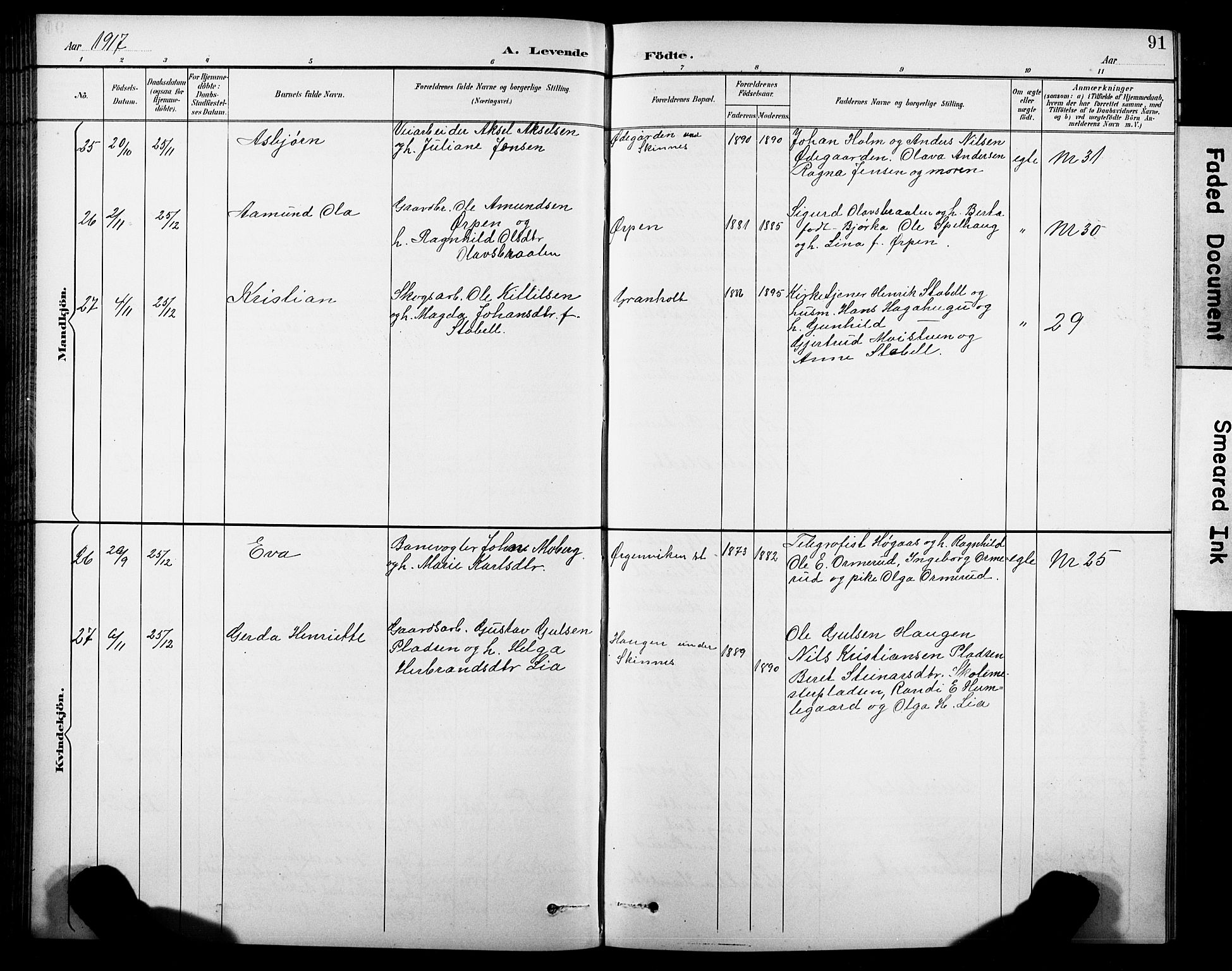 Krødsherad kirkebøker, SAKO/A-19/G/Ga/L0002: Parish register (copy) no. 2, 1894-1918, p. 91