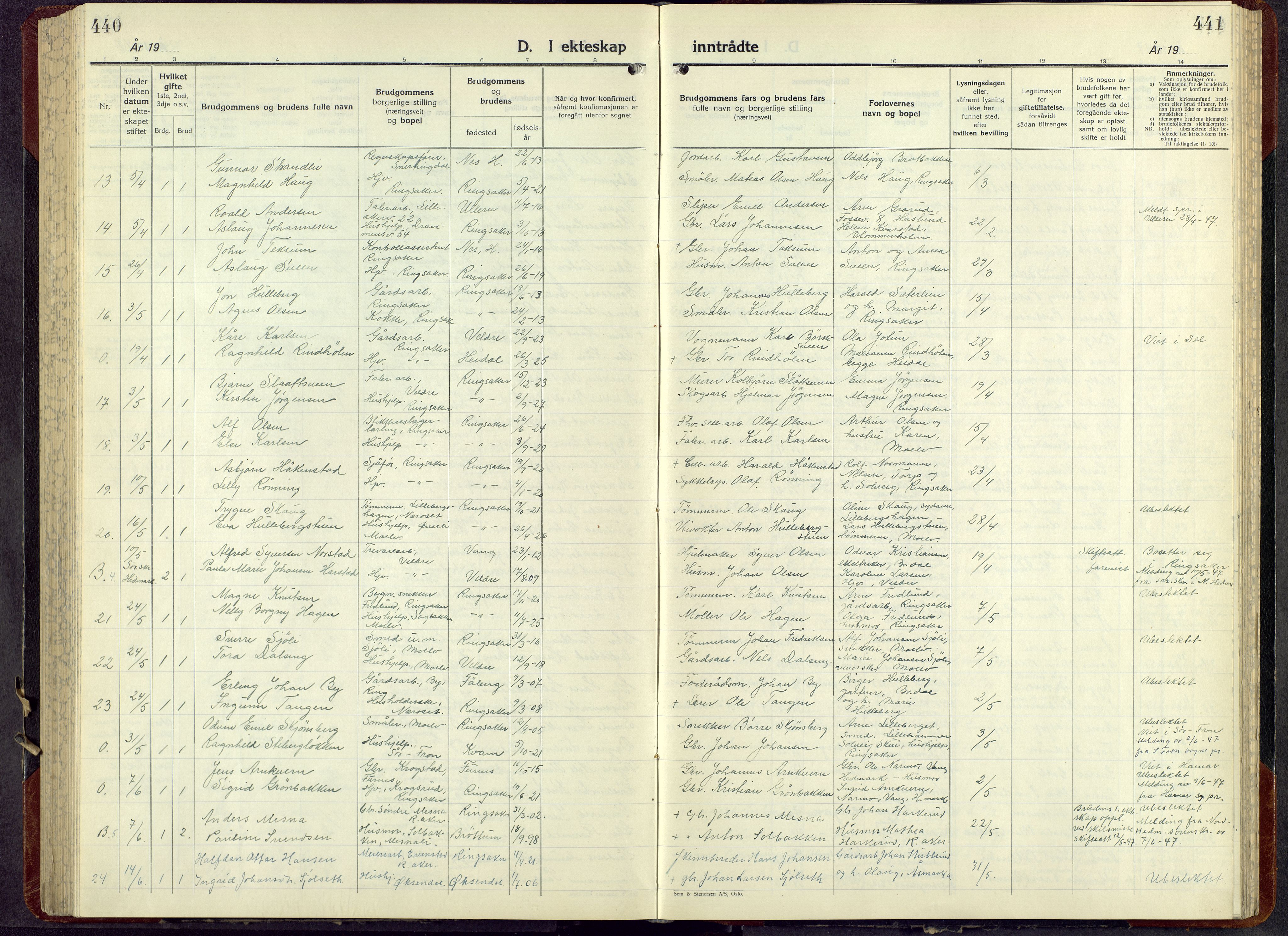 Ringsaker prestekontor, AV/SAH-PREST-014/L/La/L0021: Parish register (copy) no. 21, 1947-1956, p. 441