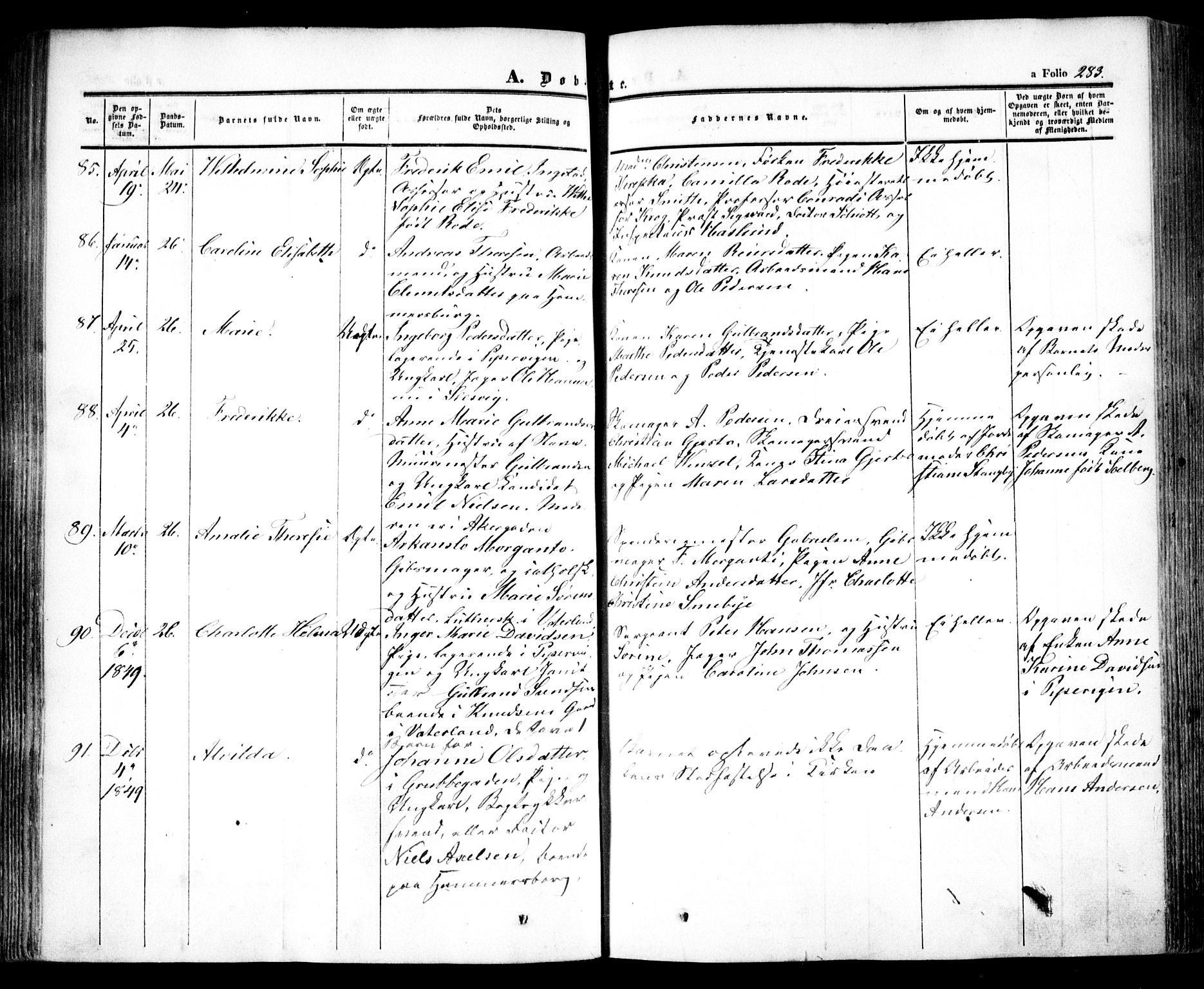 Oslo domkirke Kirkebøker, SAO/A-10752/F/Fa/L0013: Parish register (official) no. 13, 1844-1864, p. 283
