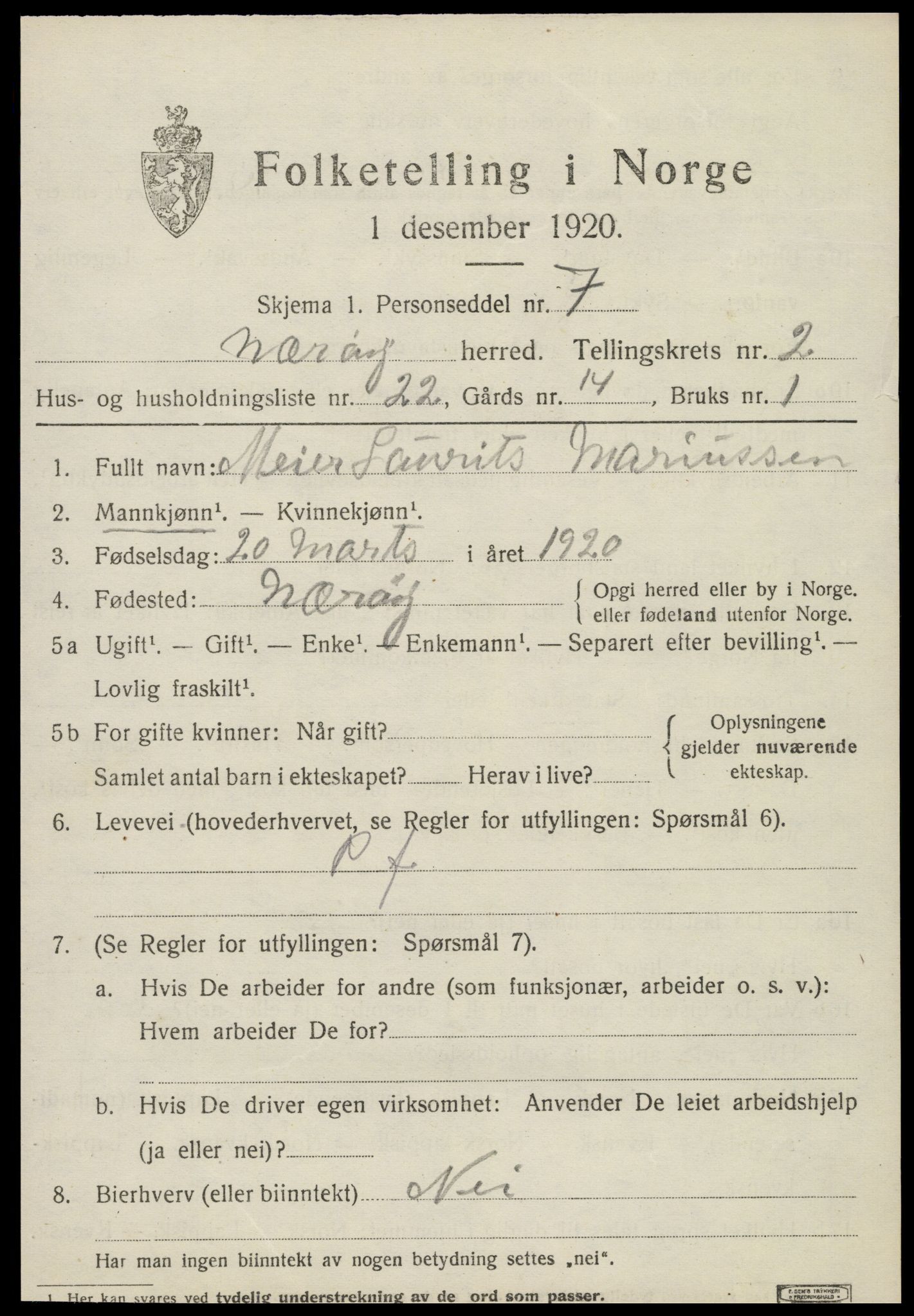 SAT, 1920 census for Nærøy, 1920, p. 1521