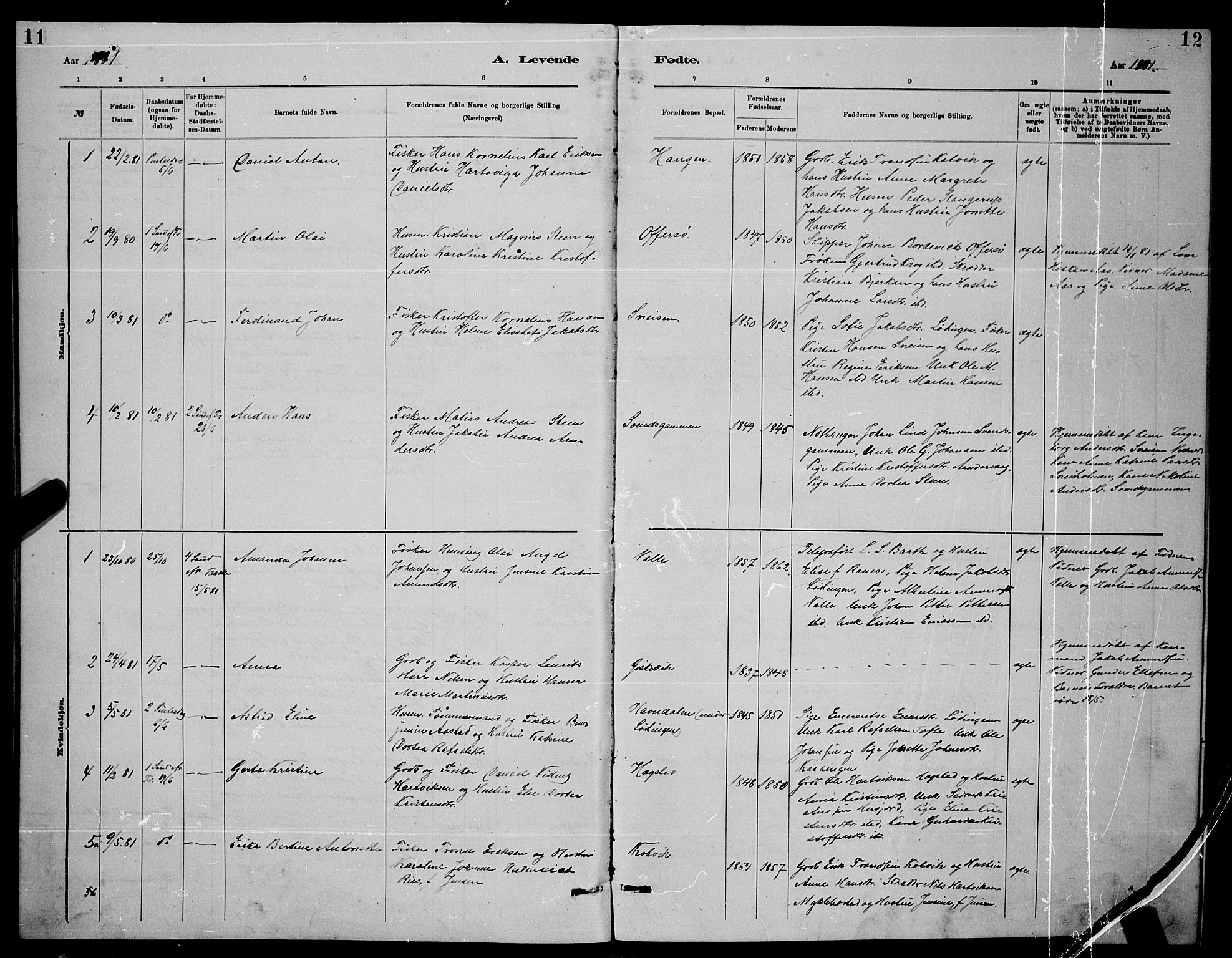 Ministerialprotokoller, klokkerbøker og fødselsregistre - Nordland, AV/SAT-A-1459/872/L1047: Parish register (copy) no. 872C03, 1880-1897, p. 11-12