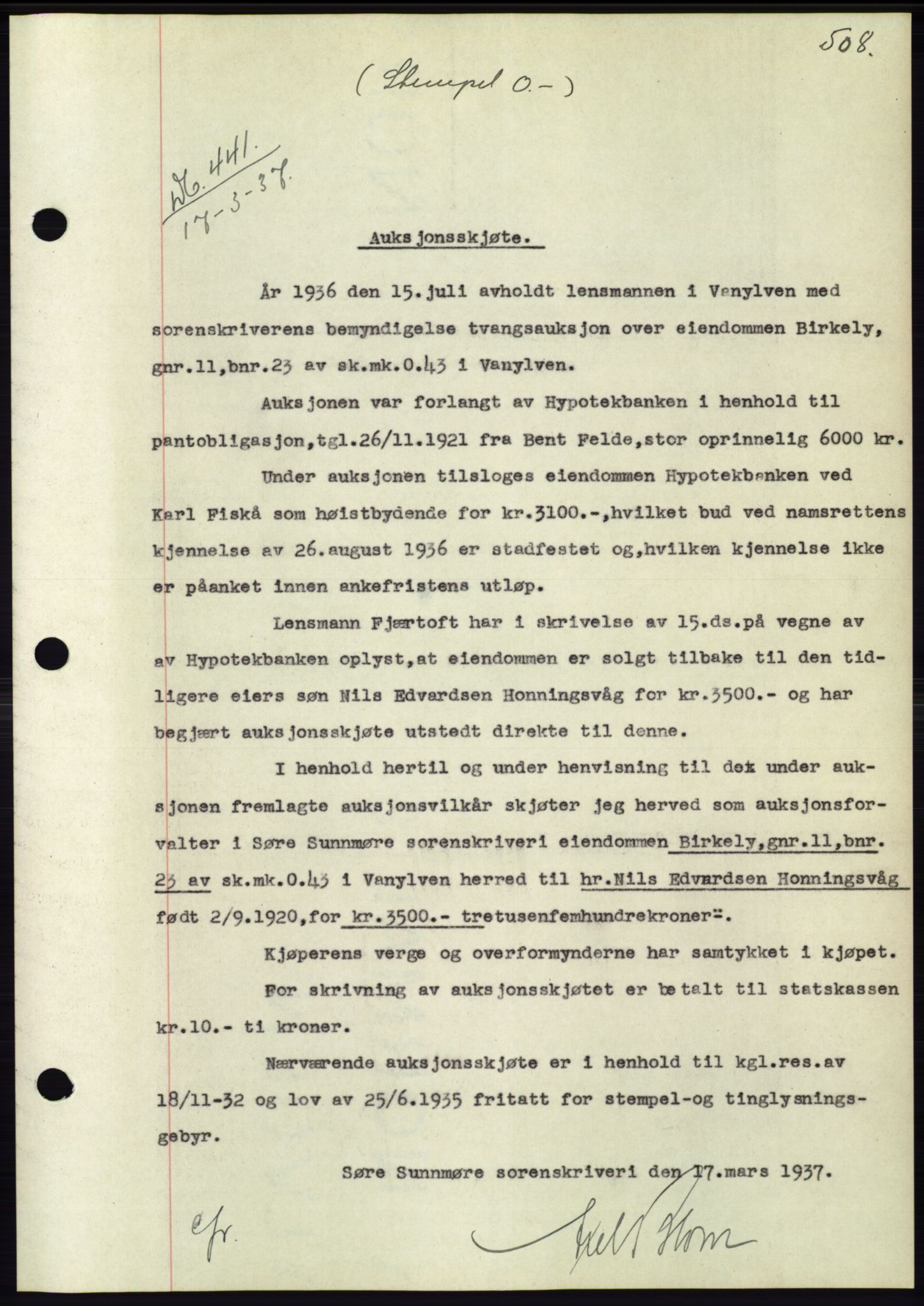Søre Sunnmøre sorenskriveri, SAT/A-4122/1/2/2C/L0062: Mortgage book no. 56, 1936-1937, Diary no: : 441/1937
