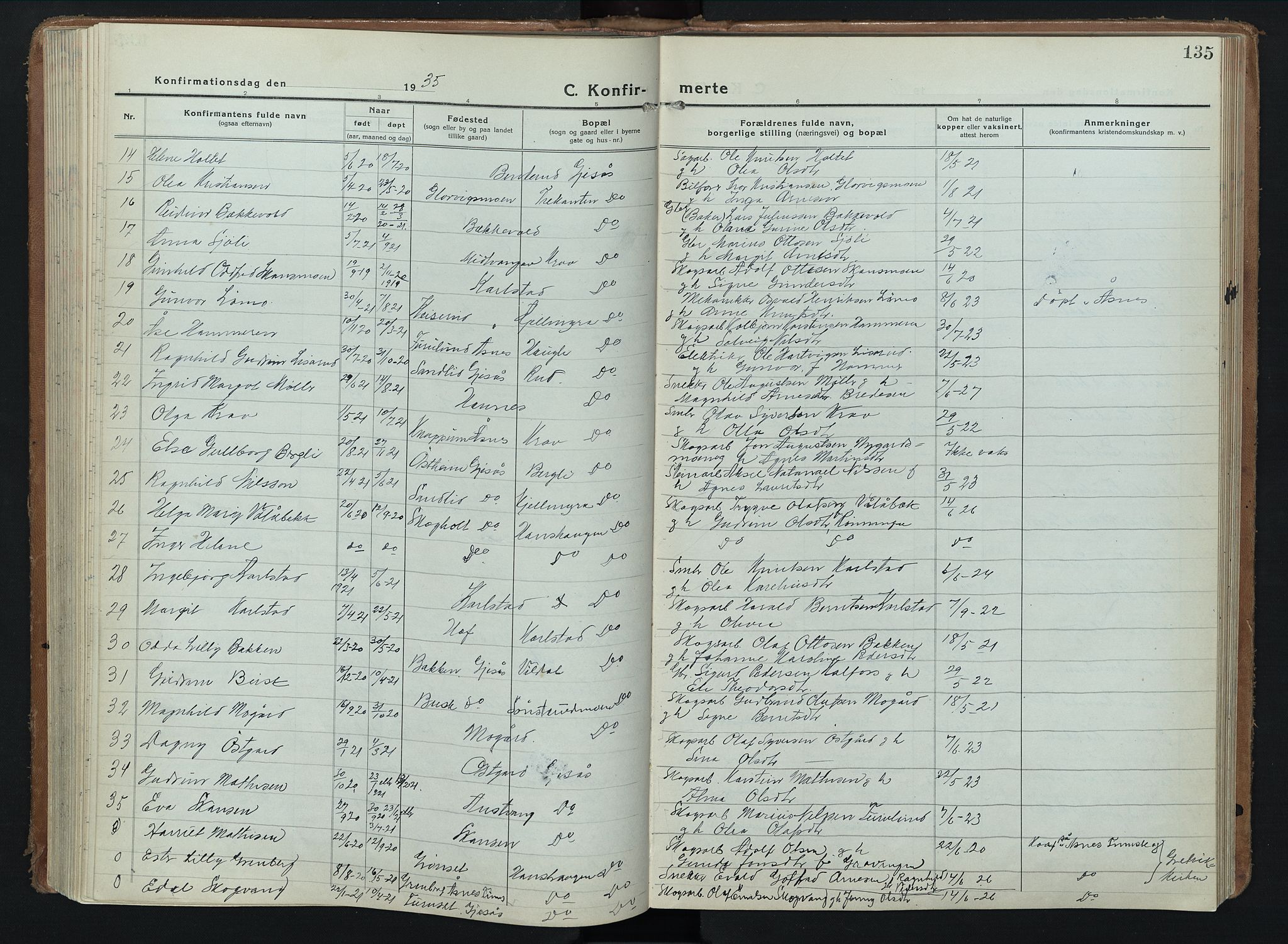 Åsnes prestekontor, AV/SAH-PREST-042/H/Ha/Hab/L0012: Parish register (copy) no. 12, 1921-1942, p. 135