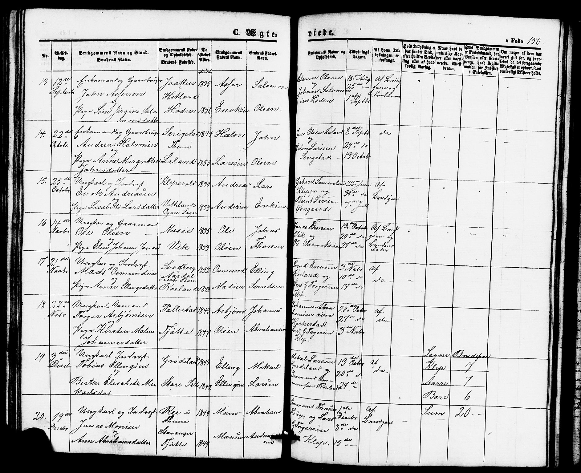 Klepp sokneprestkontor, AV/SAST-A-101803/001/3/30BB/L0002: Parish register (copy) no. B 2, 1860-1875, p. 150