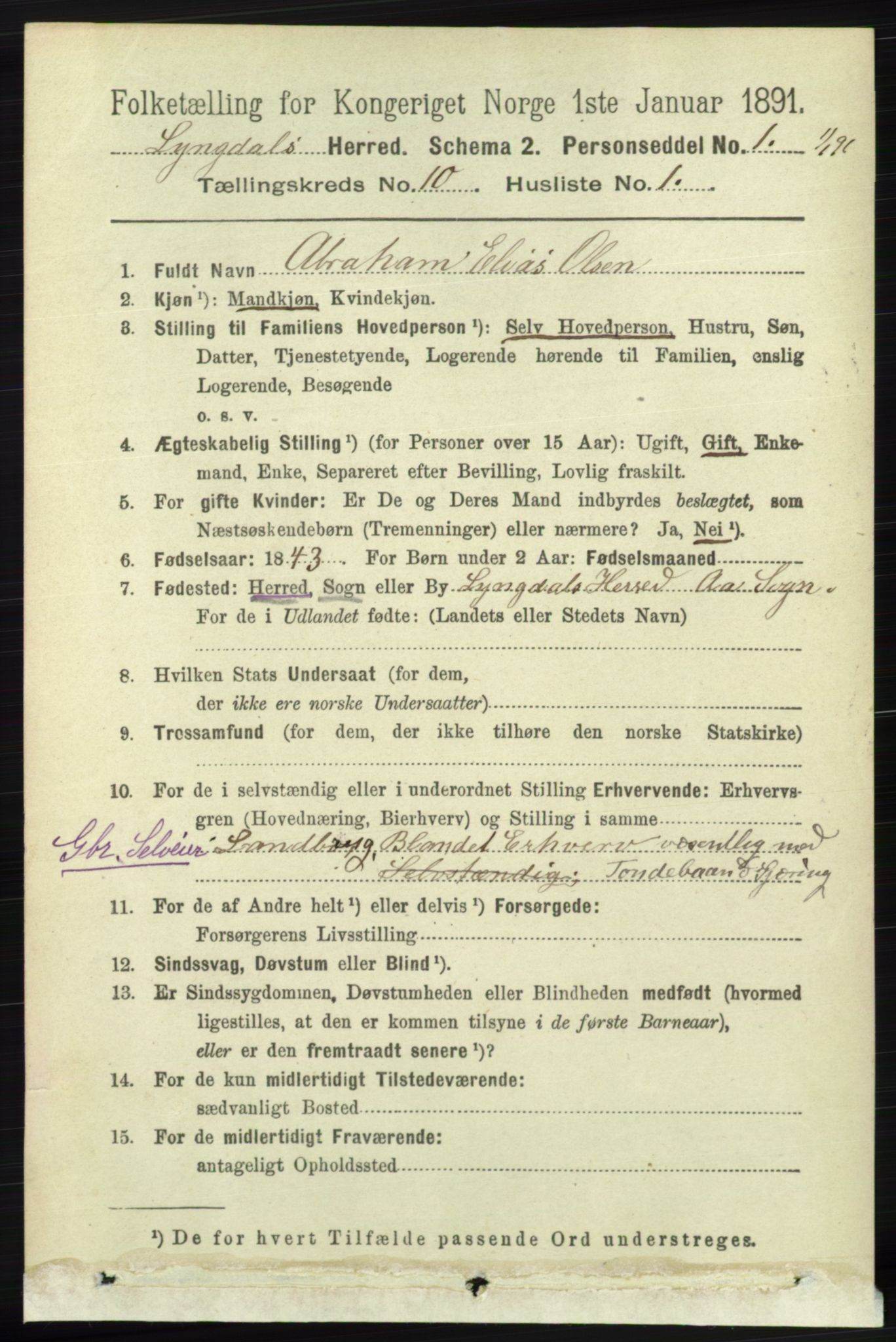 RA, 1891 census for 1032 Lyngdal, 1891, p. 4254