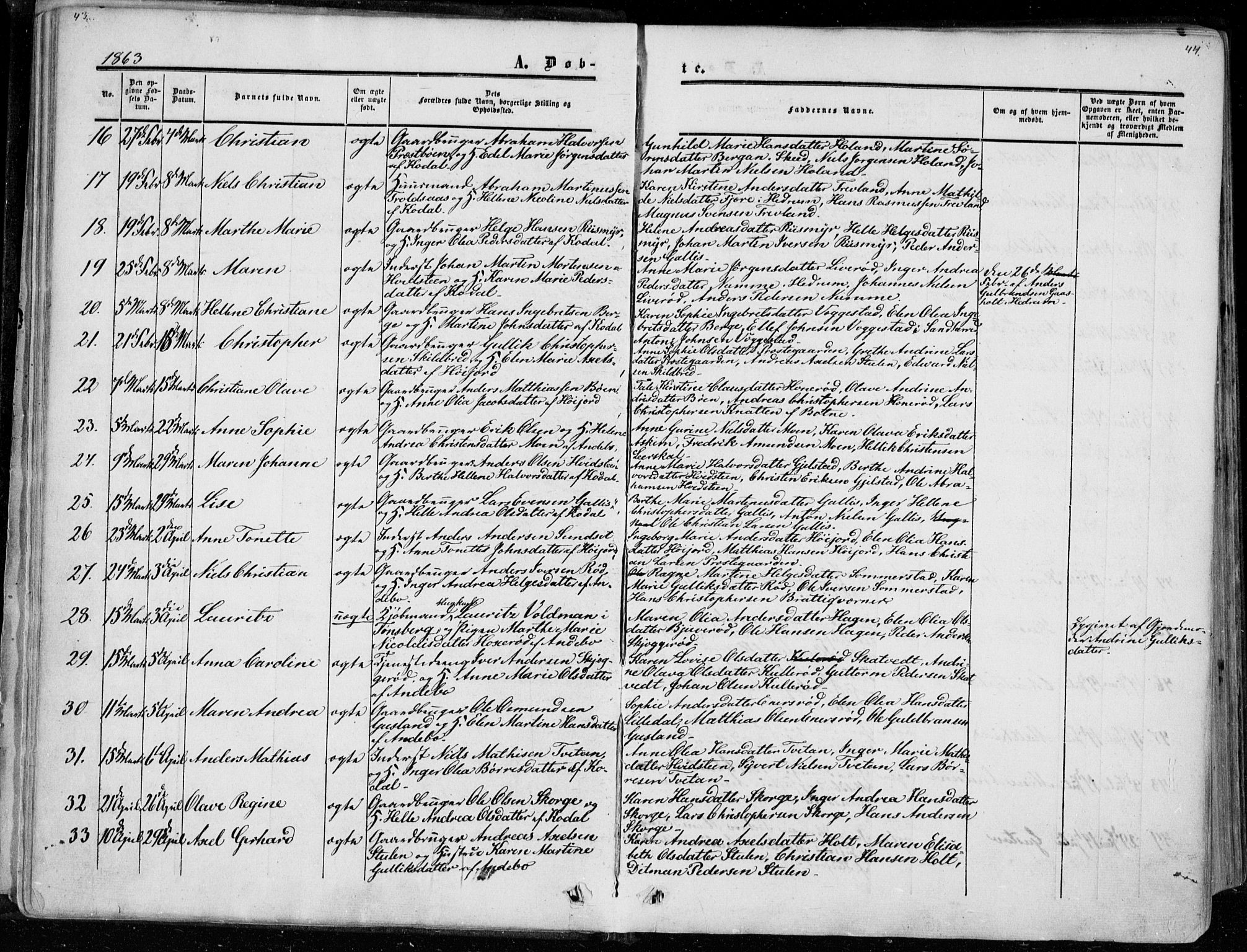 Andebu kirkebøker, AV/SAKO-A-336/F/Fa/L0005: Parish register (official) no. 5, 1857-1870, p. 43-44