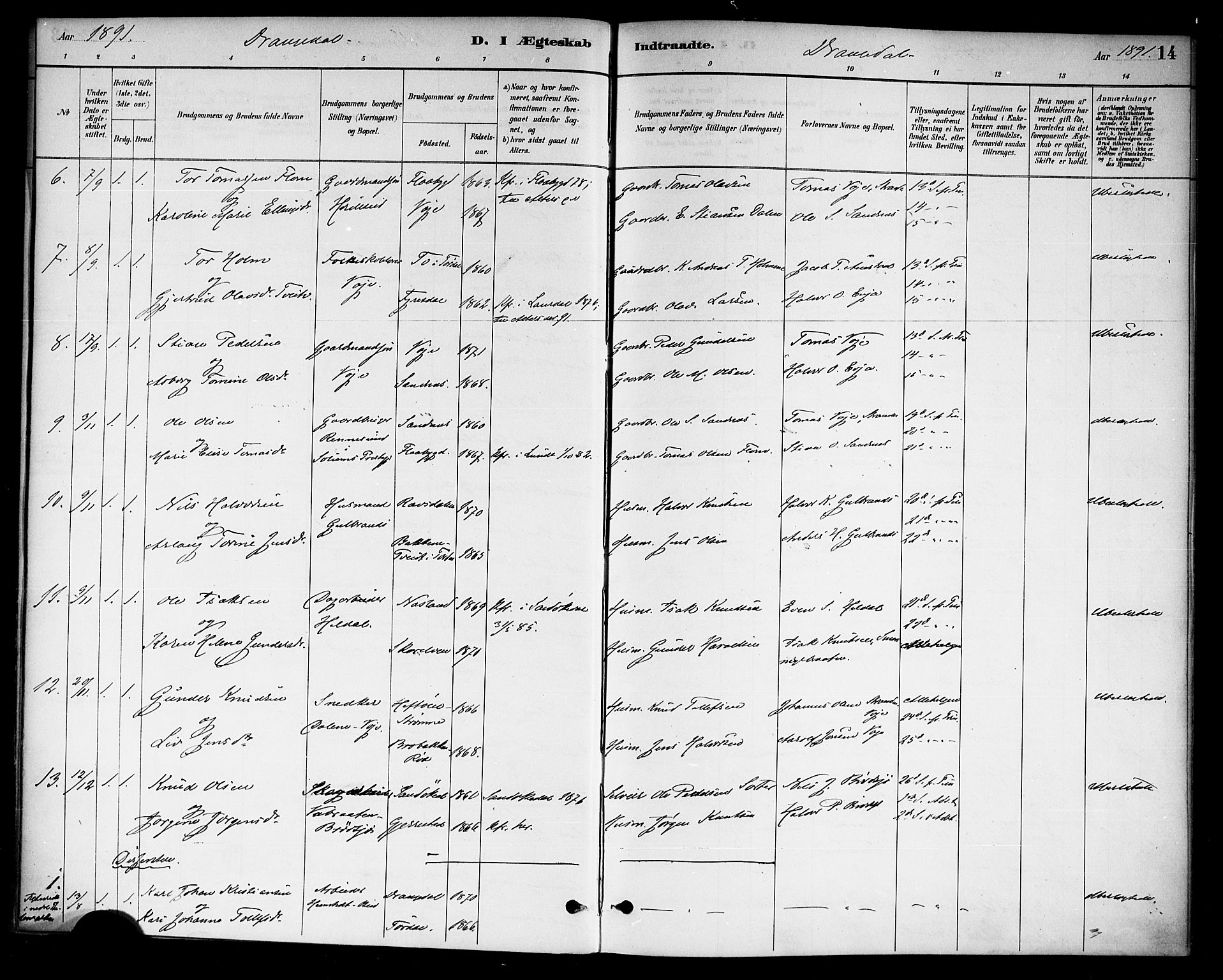 Drangedal kirkebøker, SAKO/A-258/F/Fa/L0011: Parish register (official) no. 11 /1, 1885-1894, p. 14