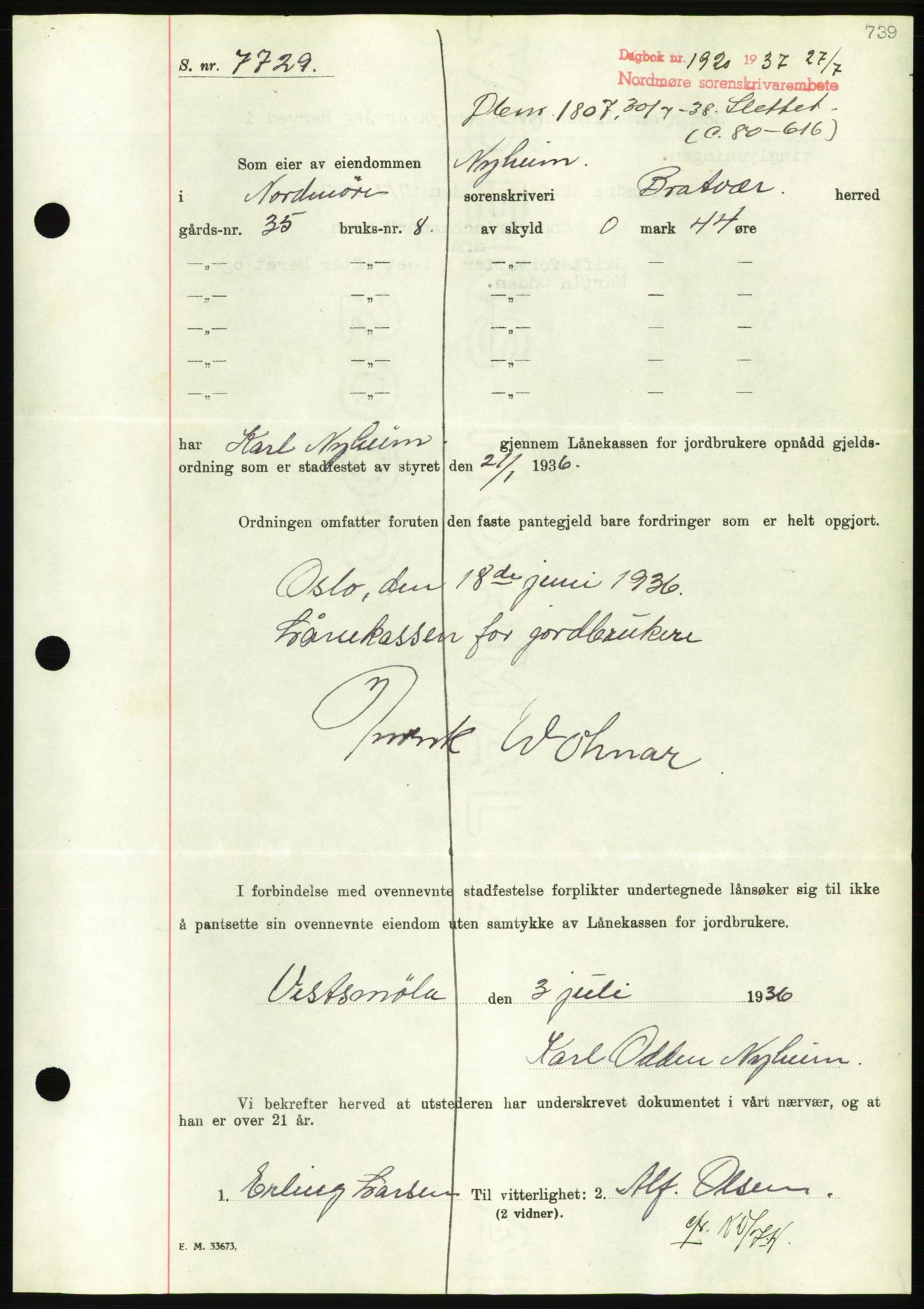 Nordmøre sorenskriveri, AV/SAT-A-4132/1/2/2Ca/L0091: Mortgage book no. B81, 1937-1937, Diary no: : 1920/1937