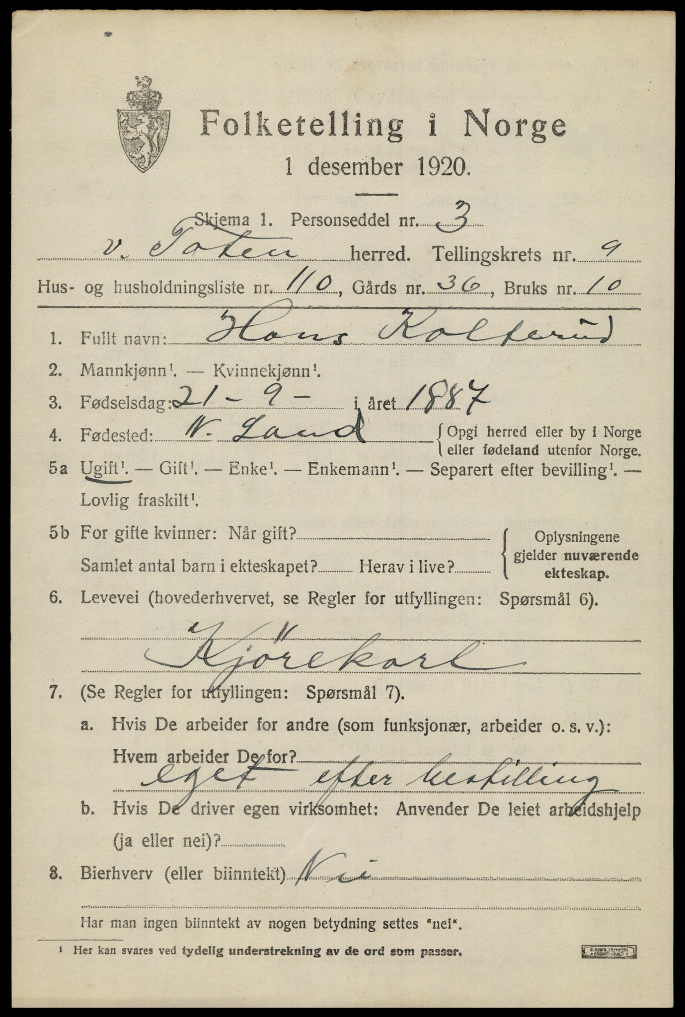 SAH, 1920 census for Vestre Toten, 1920, p. 12980