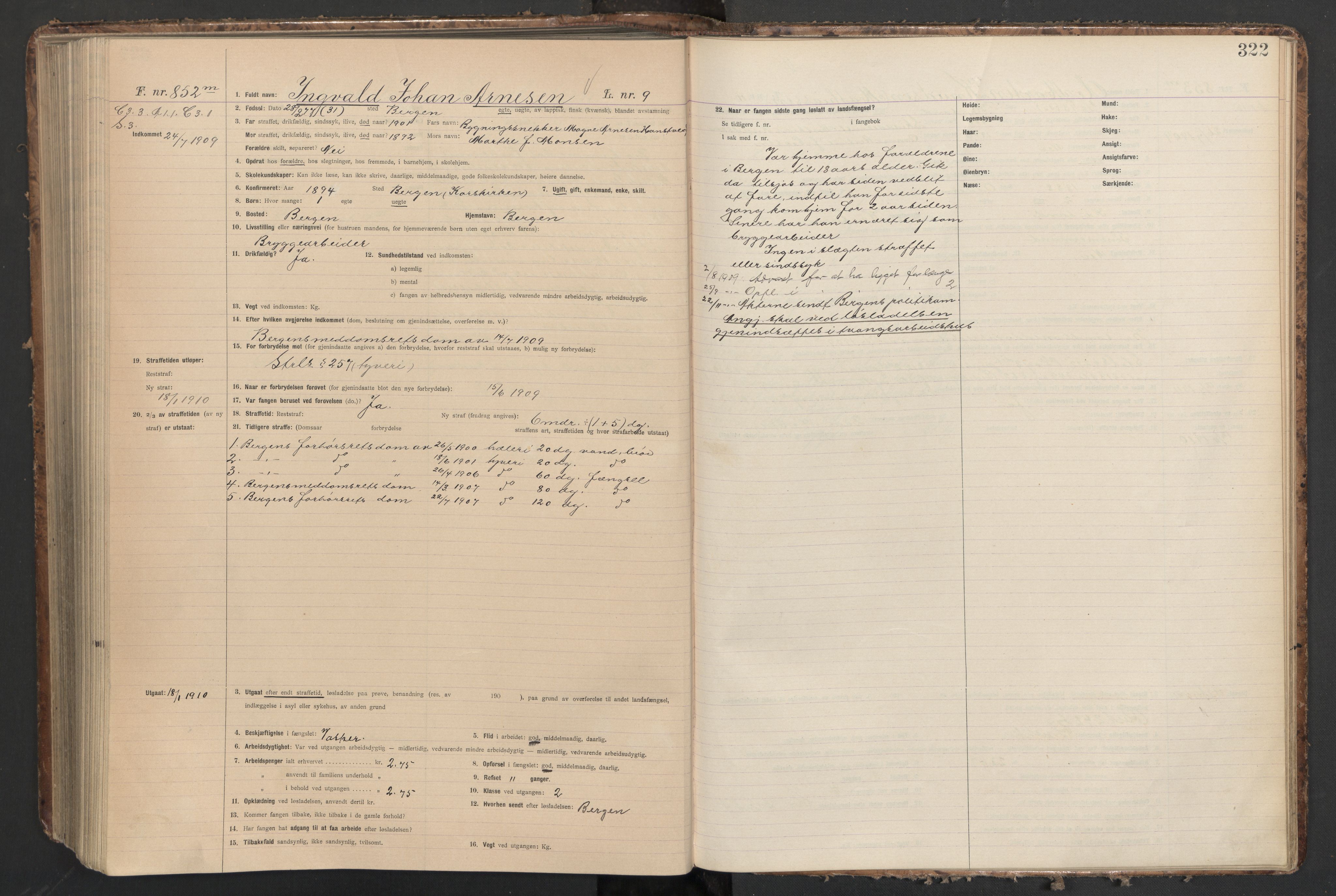 Botsfengslet, AV/RA-S-1539/D/Db/Dbb/L0042: 531m - 871m, 1908-1909, p. 322