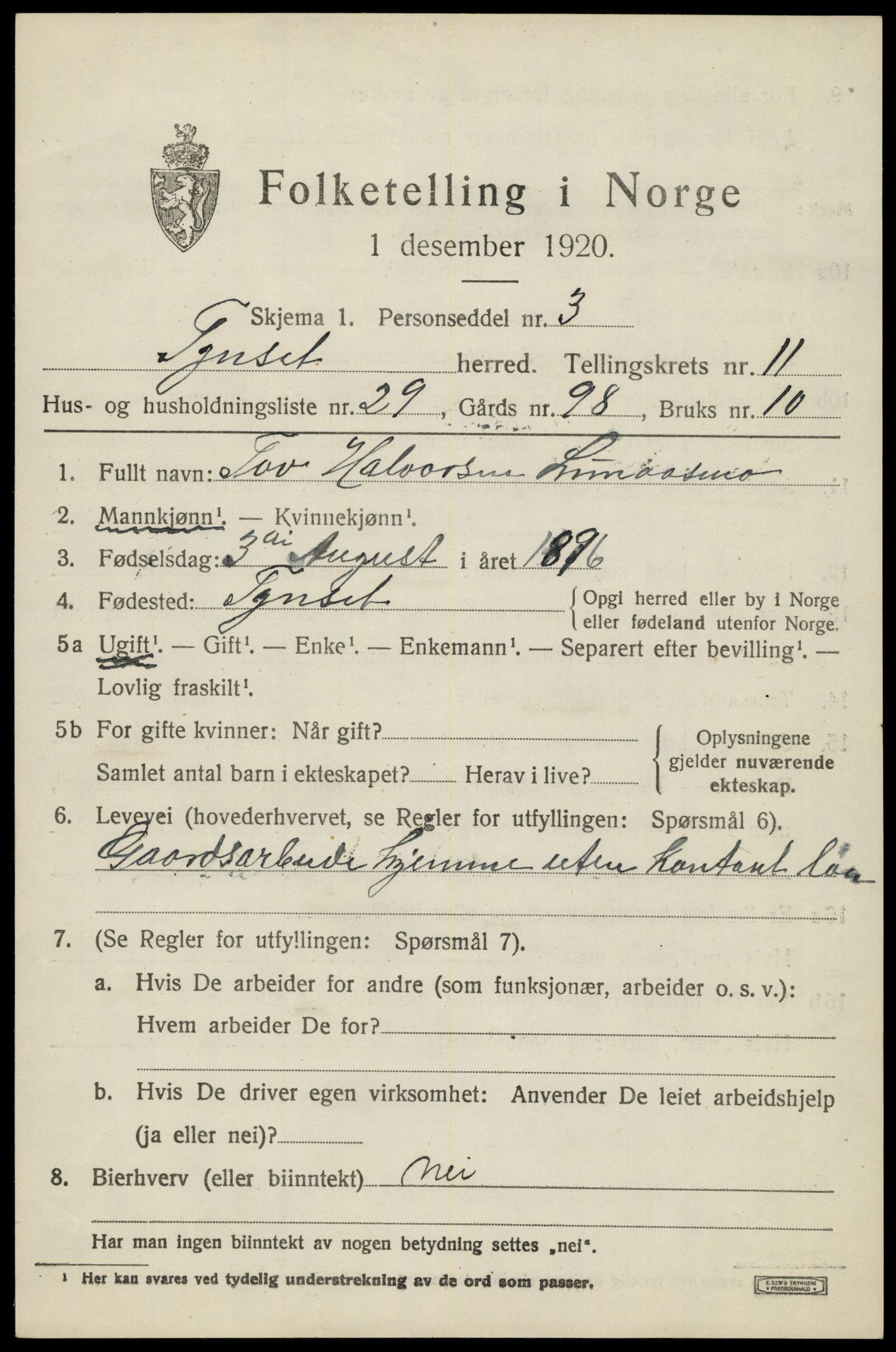 SAH, 1920 census for Tynset, 1920, p. 8292