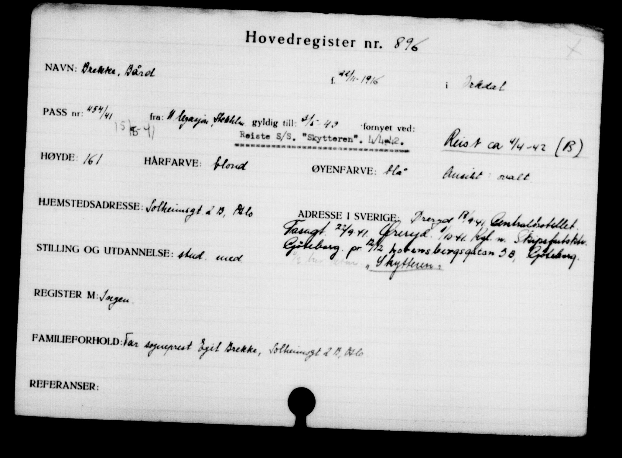 Utenriksstasjonene, Legasjonen i Stockholm, Flyktningkontoret, AV/RA-S-6753/V/Va/L0001: Kjesäterkartoteket, flyktninger med registreringsnr. 1-1000, 1940-1945, p. 1419