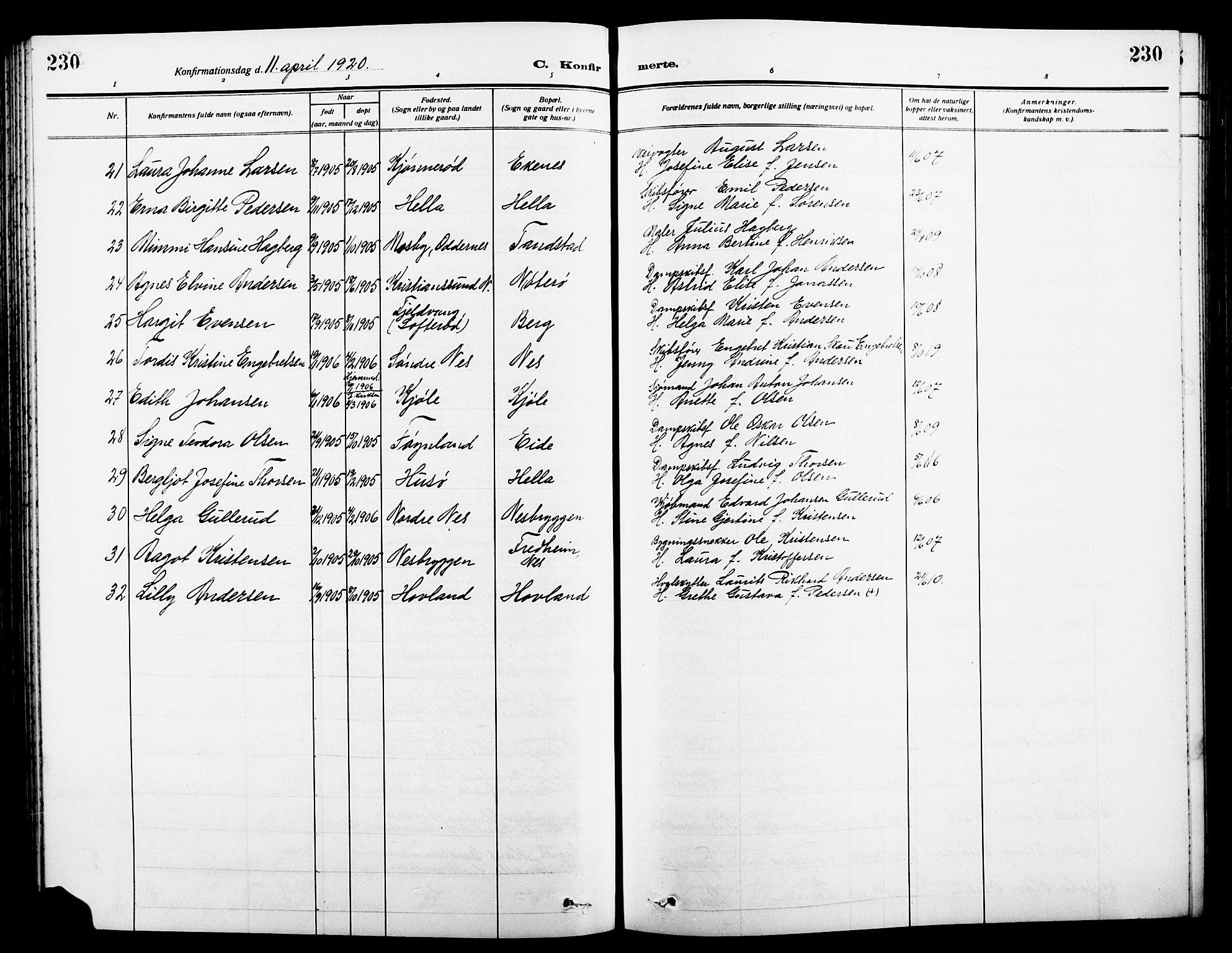 Nøtterøy kirkebøker, SAKO/A-354/G/Ga/L0005: Parish register (copy) no. I 5, 1910-1924, p. 230