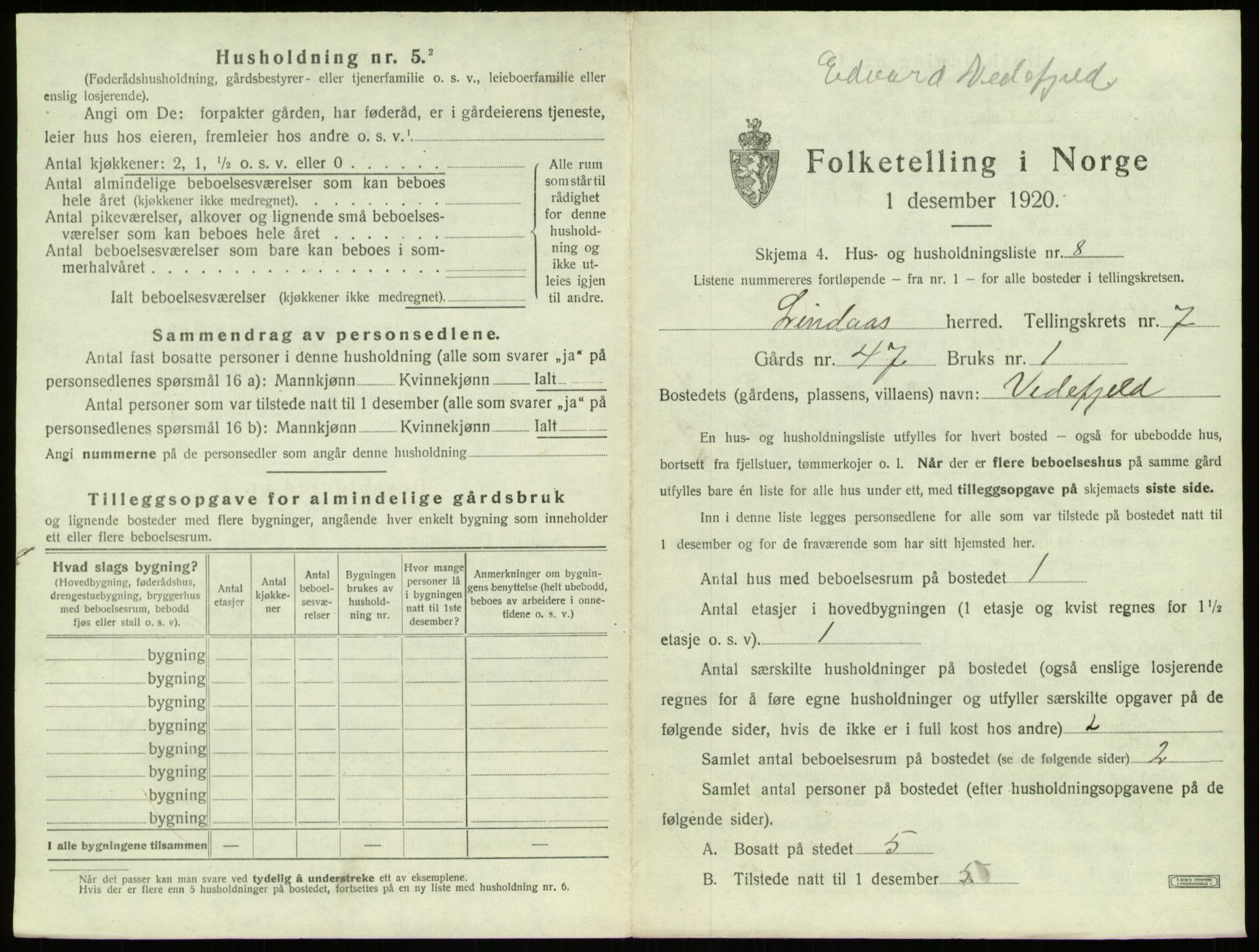 SAB, 1920 census for Lindås, 1920, p. 483