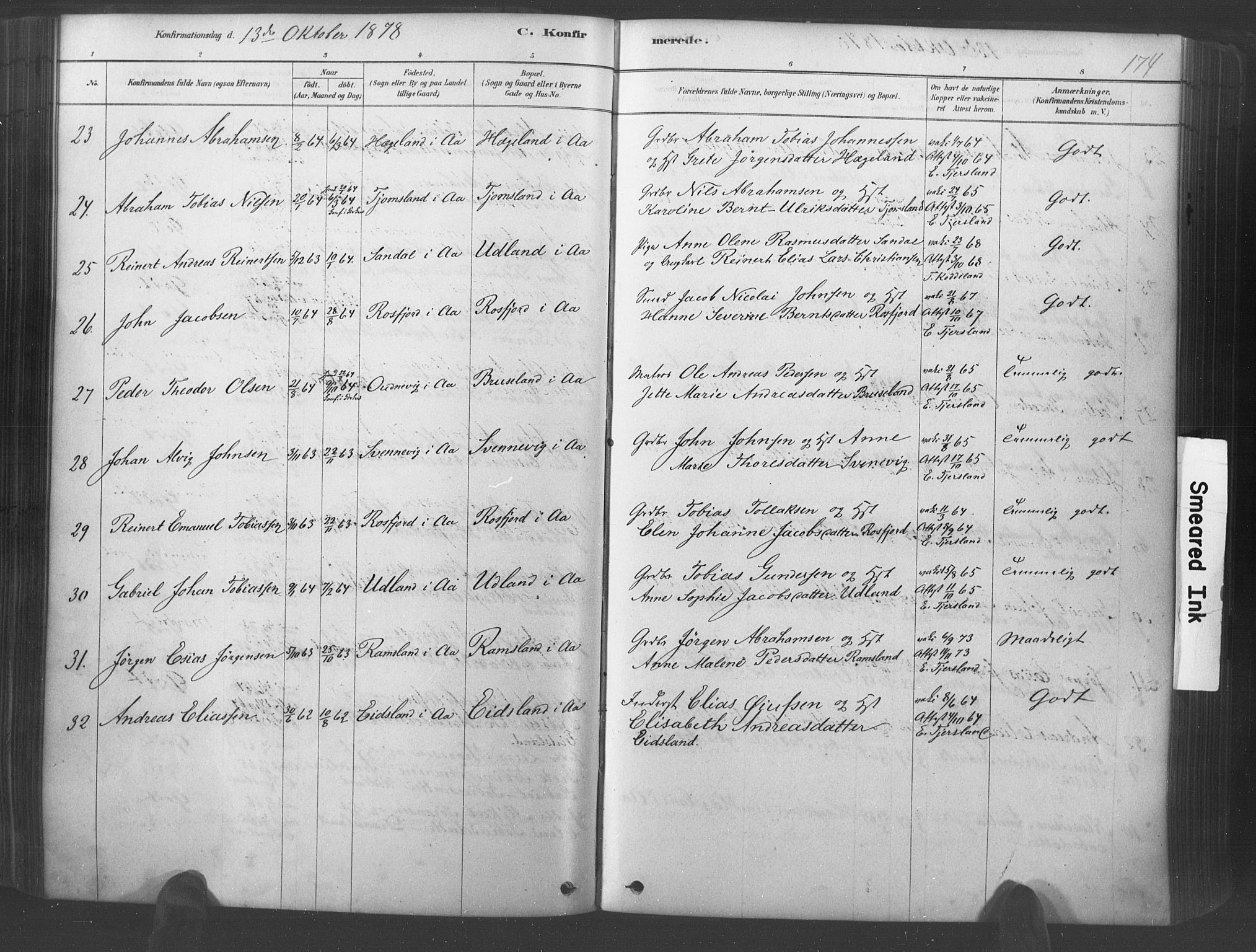 Lyngdal sokneprestkontor, AV/SAK-1111-0029/F/Fa/Fac/L0011: Parish register (official) no. A 11, 1878-1893, p. 174