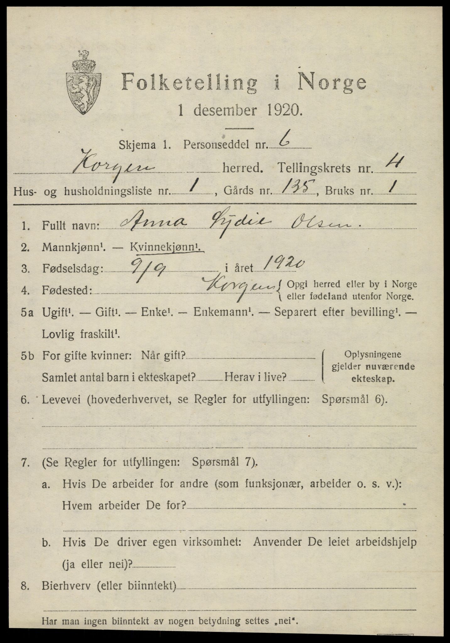 SAT, 1920 census for Korgen, 1920, p. 1750