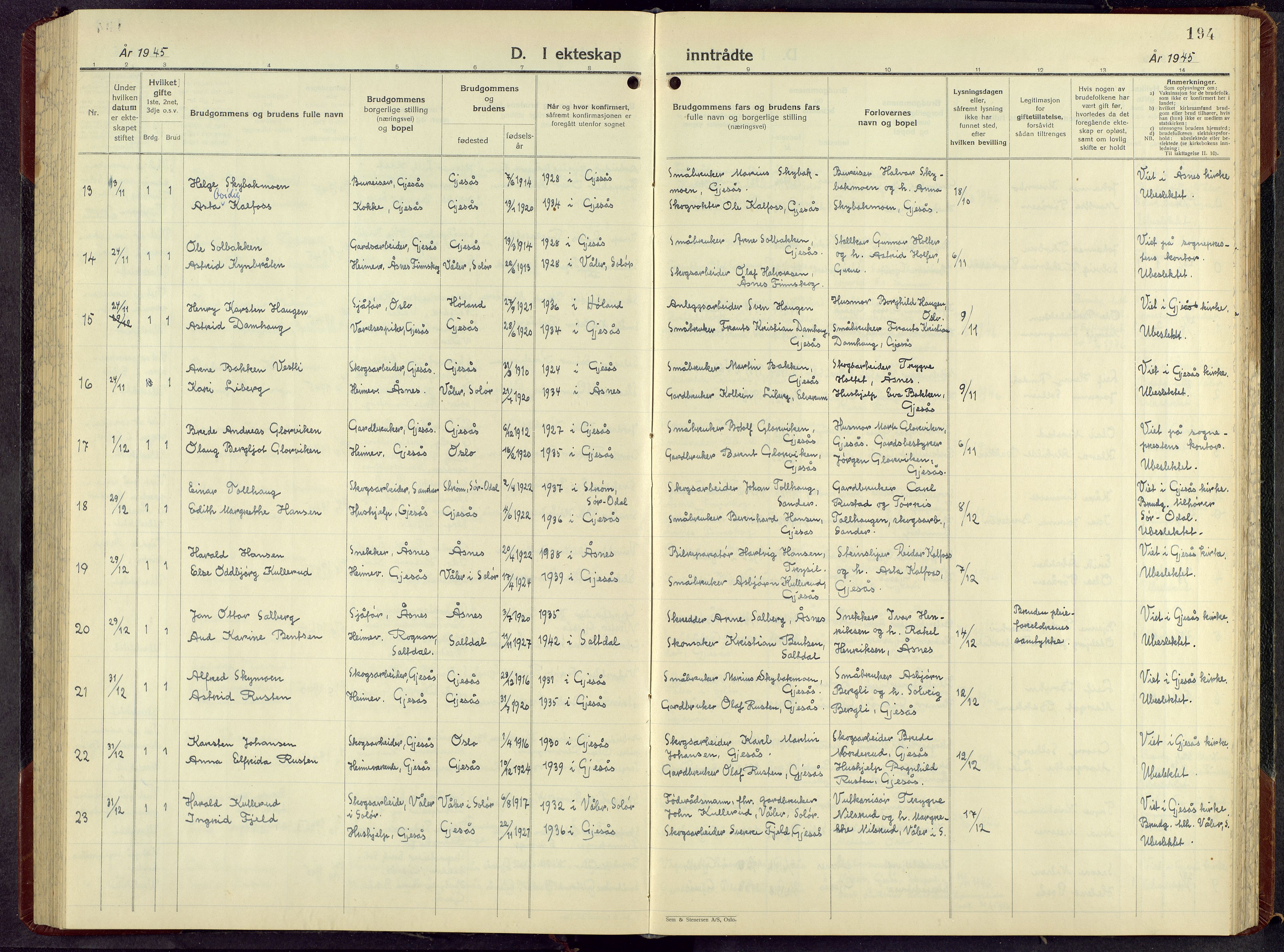 Åsnes prestekontor, AV/SAH-PREST-042/H/Ha/Hab/L0013: Parish register (copy) no. 13, 1943-1966, p. 194