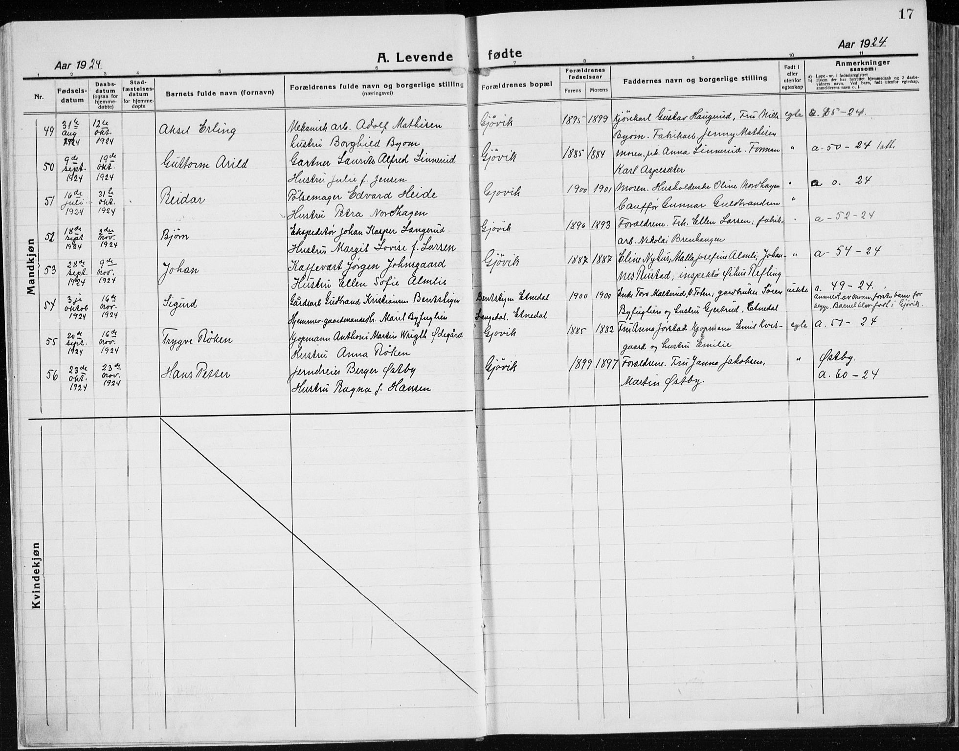 Vardal prestekontor, AV/SAH-PREST-100/H/Ha/Haa/L0015: Parish register (official) no. 15, 1923-1937, p. 17