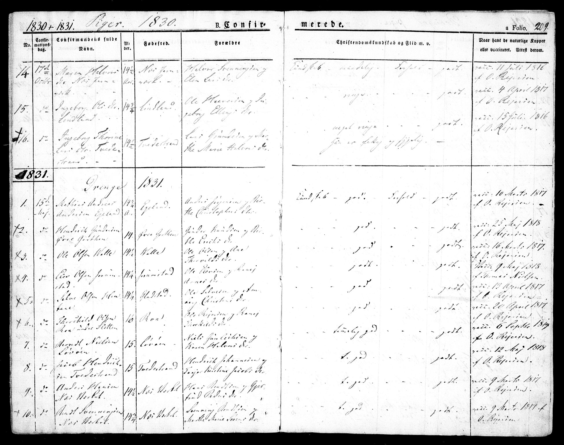 Holt sokneprestkontor, AV/SAK-1111-0021/F/Fa/L0006: Parish register (official) no. A 6, 1820-1835, p. 209