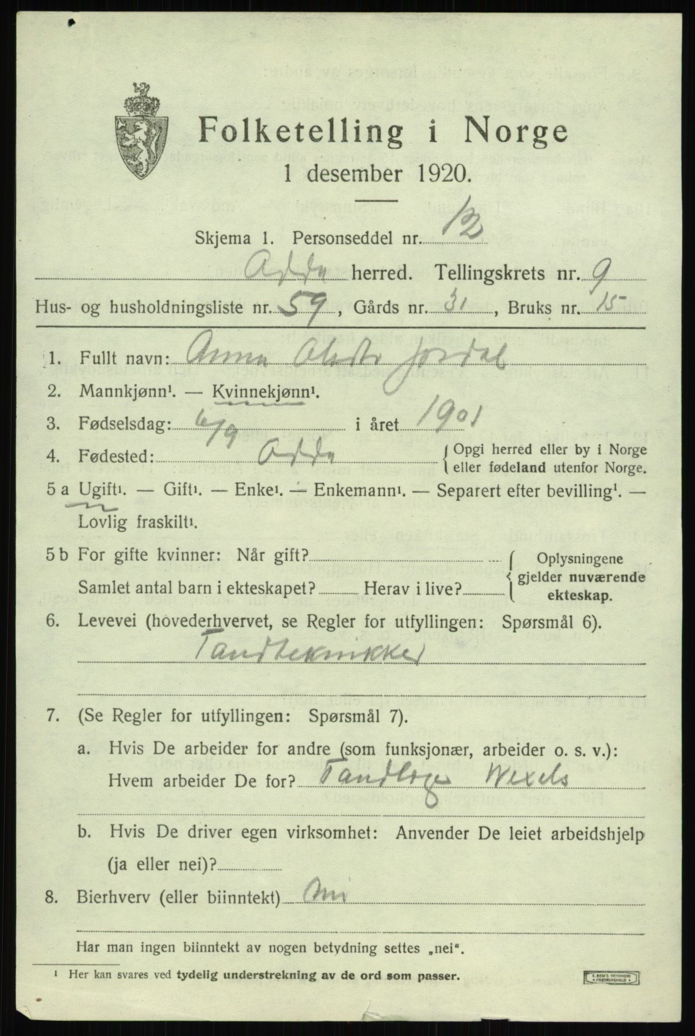 SAB, 1920 census for Odda, 1920, p. 9419