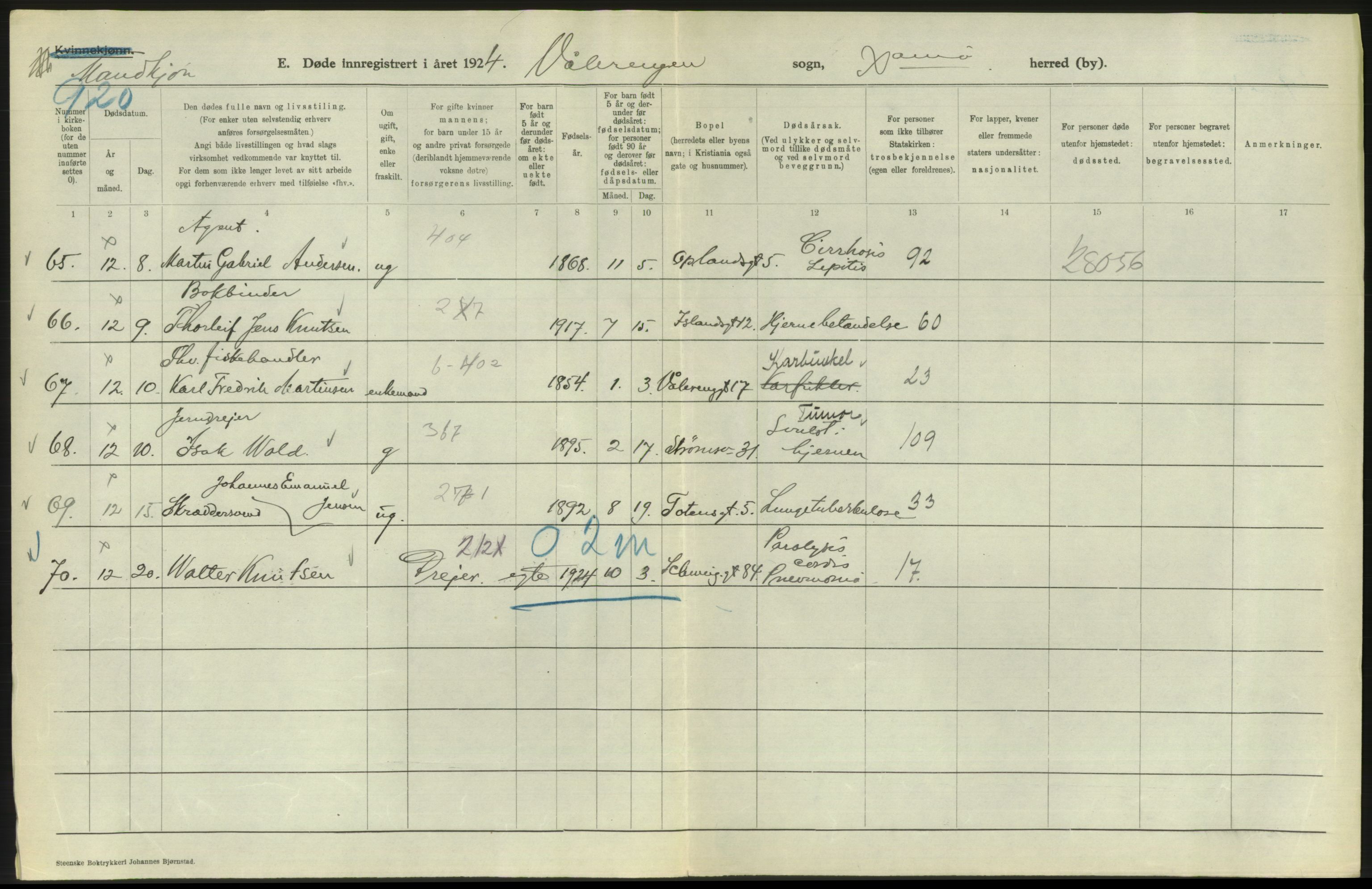 Statistisk sentralbyrå, Sosiodemografiske emner, Befolkning, AV/RA-S-2228/D/Df/Dfc/Dfcd/L0008: Kristiania: Døde menn, 1924, p. 348