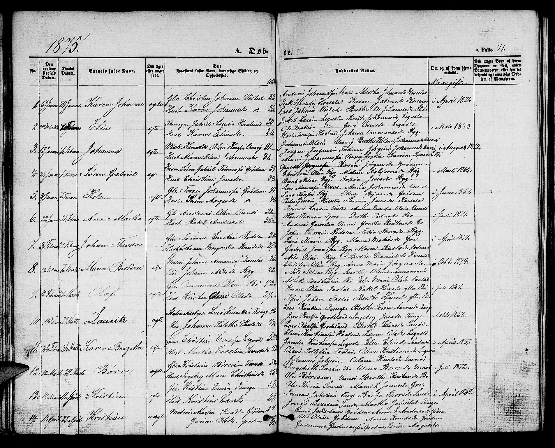 Hetland sokneprestkontor, AV/SAST-A-101826/30/30BB/L0002: Parish register (copy) no. B 2, 1856-1891, p. 41