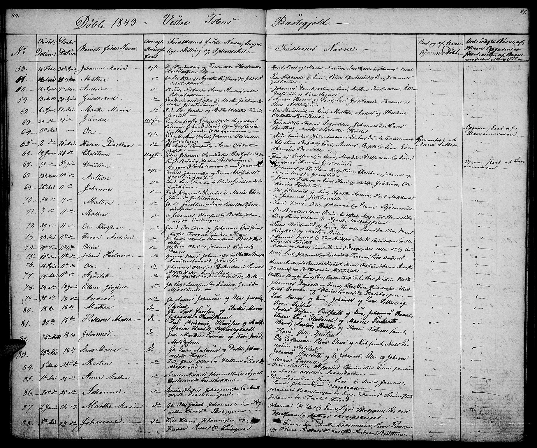 Vestre Toten prestekontor, AV/SAH-PREST-108/H/Ha/Hab/L0002: Parish register (copy) no. 2, 1836-1848, p. 84-85