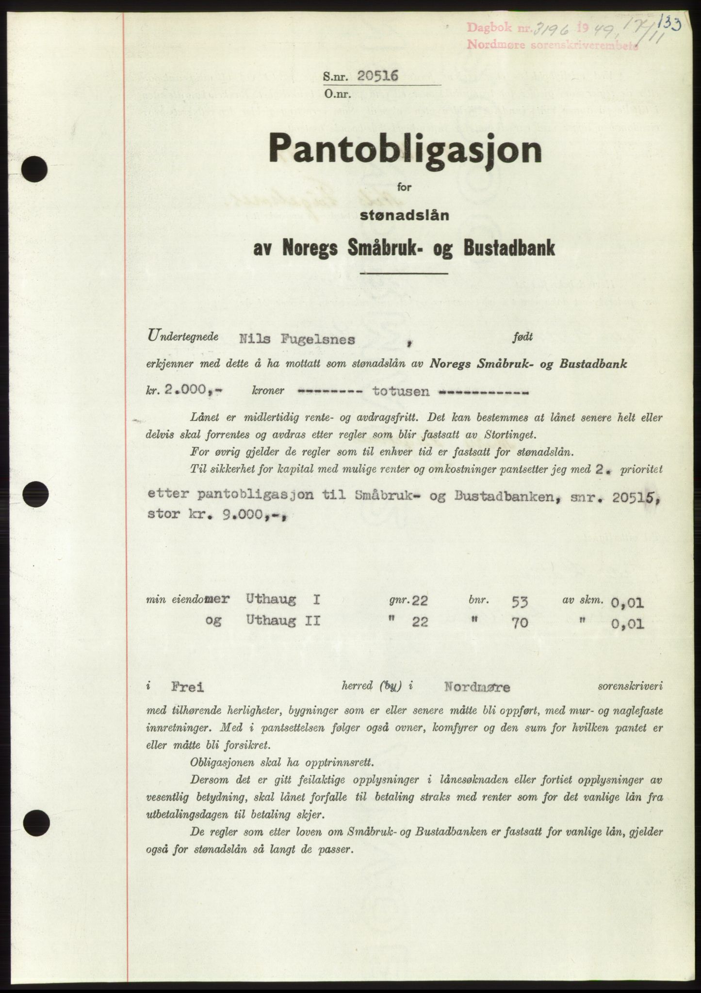Nordmøre sorenskriveri, SAT/A-4132/1/2/2Ca: Mortgage book no. B103, 1949-1950, Diary no: : 3196/1949