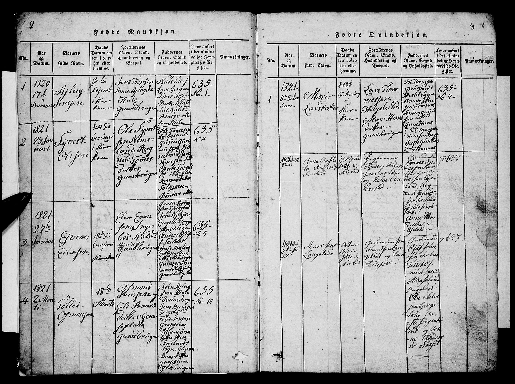 Vennesla sokneprestkontor, SAK/1111-0045/Fb/Fba/L0001: Parish register (copy) no. B 1, 1820-1834, p. 2-3