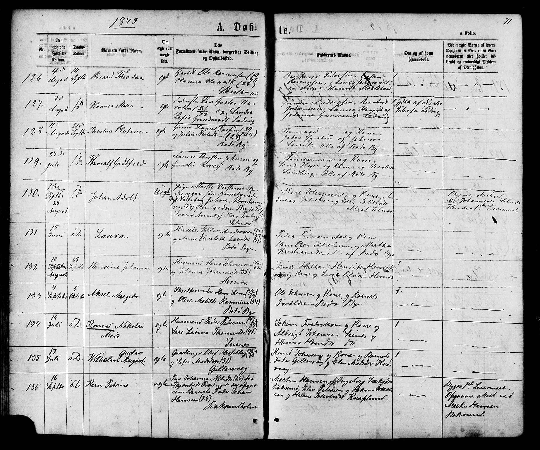 Ministerialprotokoller, klokkerbøker og fødselsregistre - Nordland, AV/SAT-A-1459/801/L0029: Parish register (copy) no. 801C04, 1868-1878, p. 71