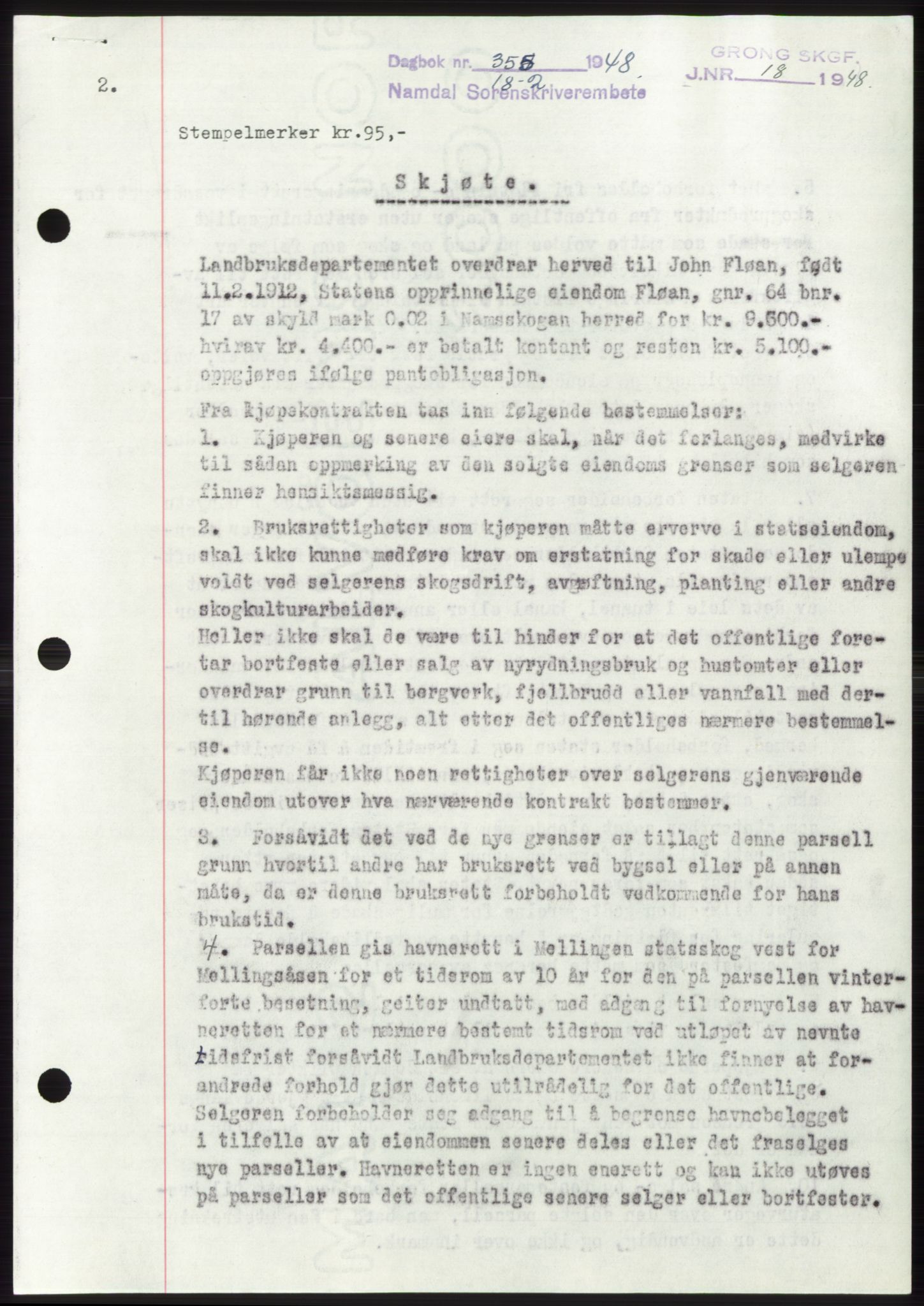 Namdal sorenskriveri, SAT/A-4133/1/2/2C: Mortgage book no. -, 1947-1948, Diary no: : 355/1948