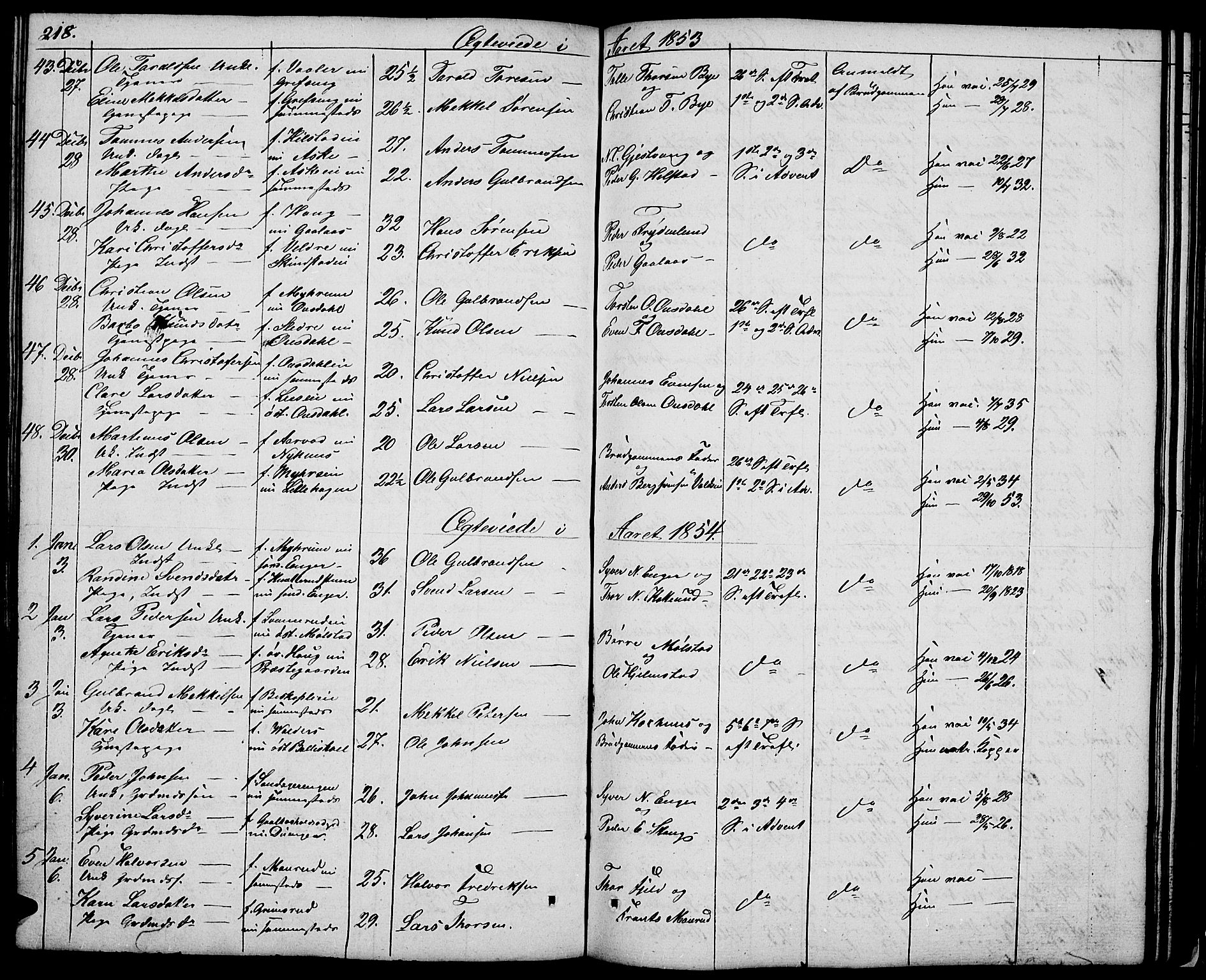 Nes prestekontor, Hedmark, SAH/PREST-020/L/La/L0004: Parish register (copy) no. 4, 1832-1861, p. 218