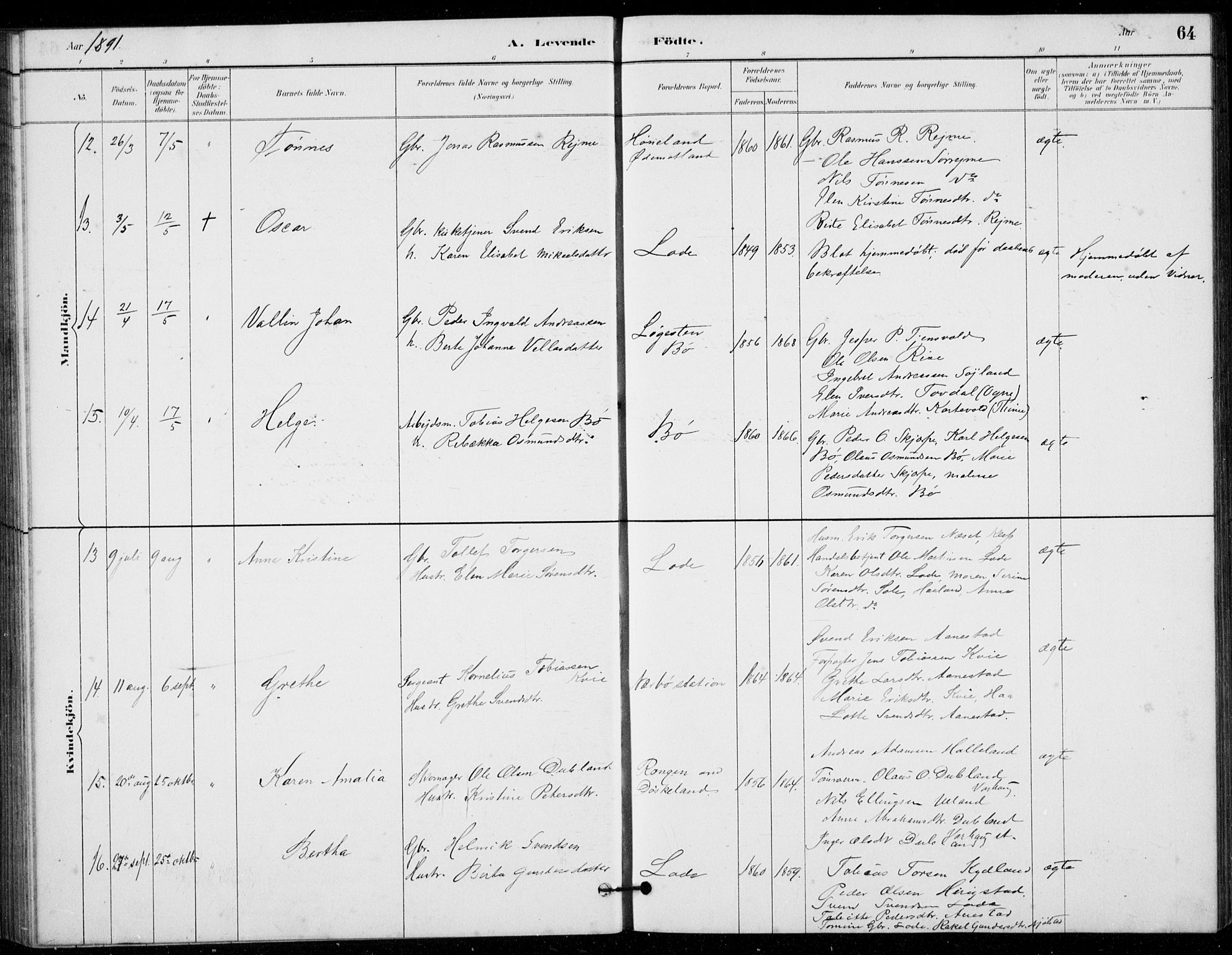 Hå sokneprestkontor, AV/SAST-A-101801/001/30BB/L0003: Parish register (copy) no. B 3, 1883-1894, p. 64