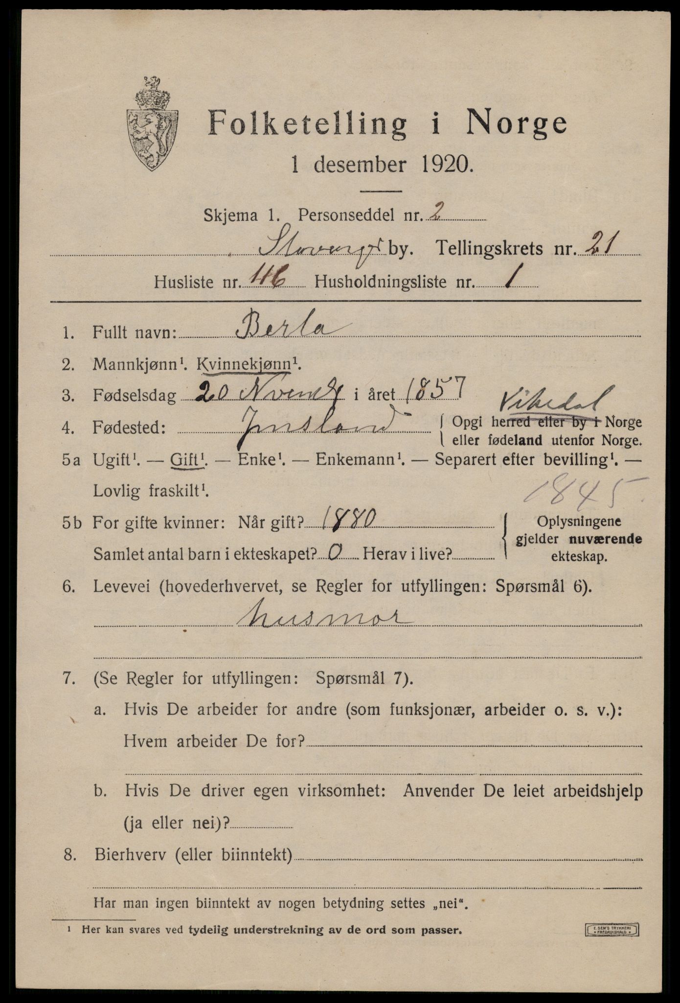 SAST, 1920 census for Stavanger, 1920, p. 73750