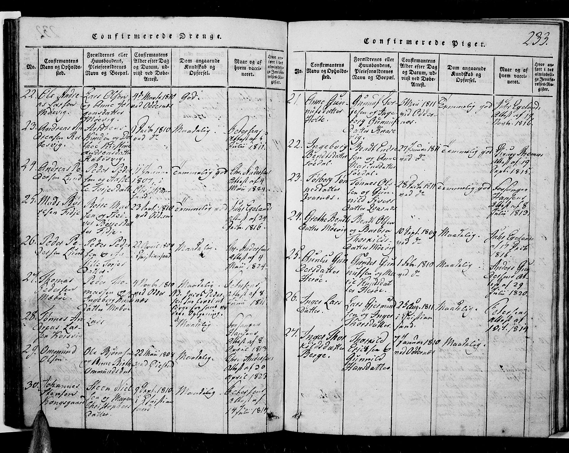 Oddernes sokneprestkontor, SAK/1111-0033/F/Fb/Fba/L0003: Parish register (copy) no. B 3, 1820-1838, p. 233