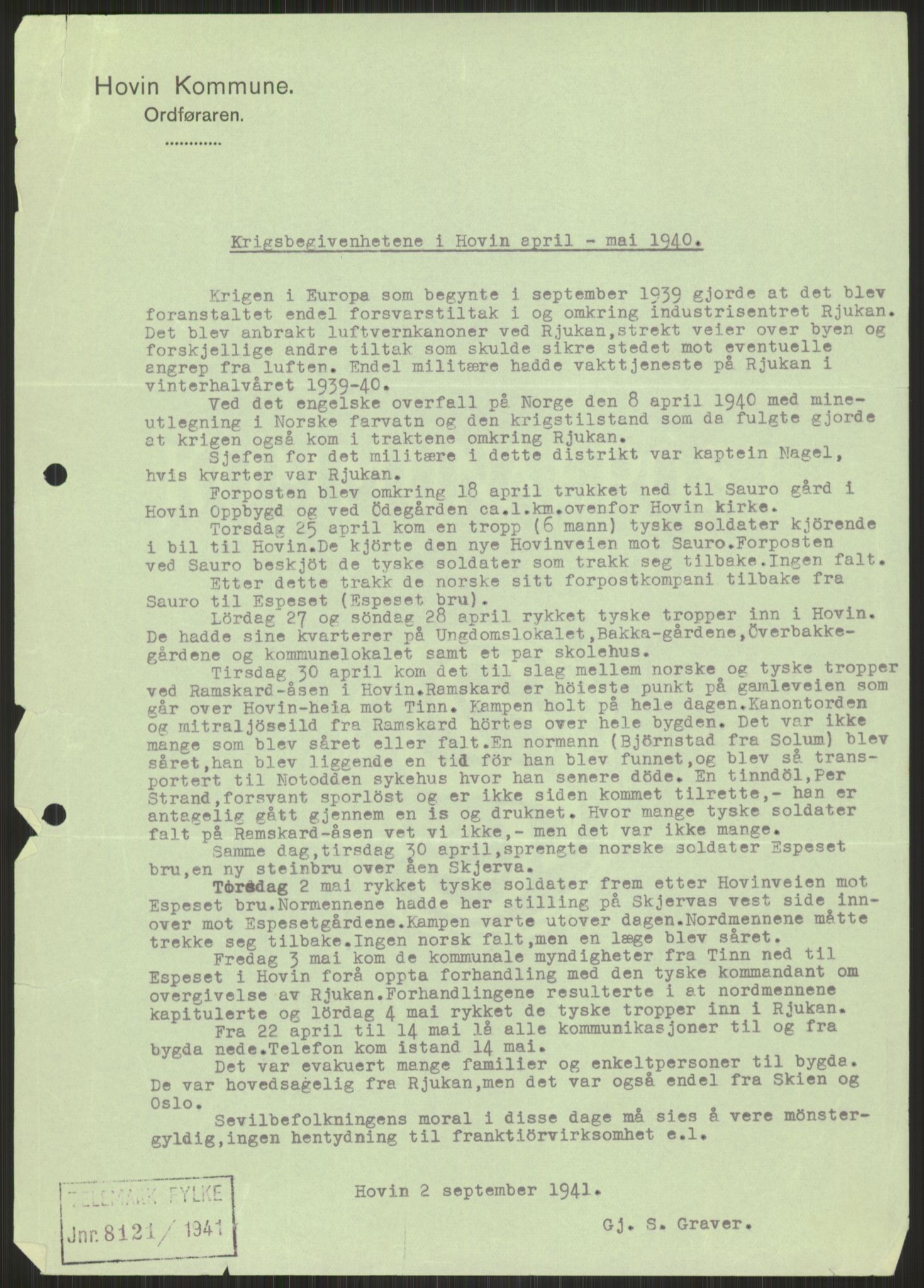 Forsvaret, Forsvarets krigshistoriske avdeling, AV/RA-RAFA-2017/Y/Ya/L0014: II-C-11-31 - Fylkesmenn.  Rapporter om krigsbegivenhetene 1940., 1940, p. 655