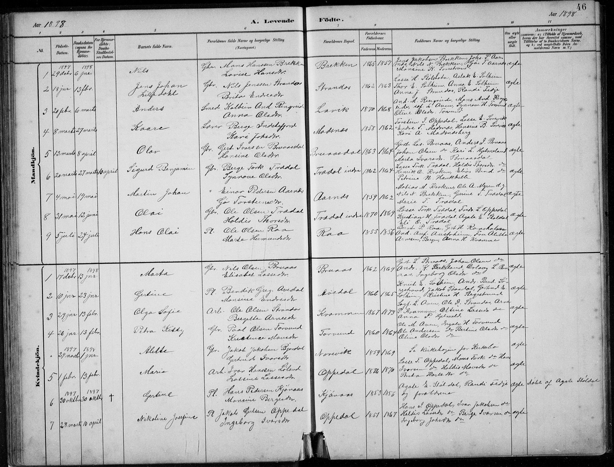 Lavik sokneprestembete, SAB/A-80901: Parish register (copy) no. A 2, 1882-1910, p. 46