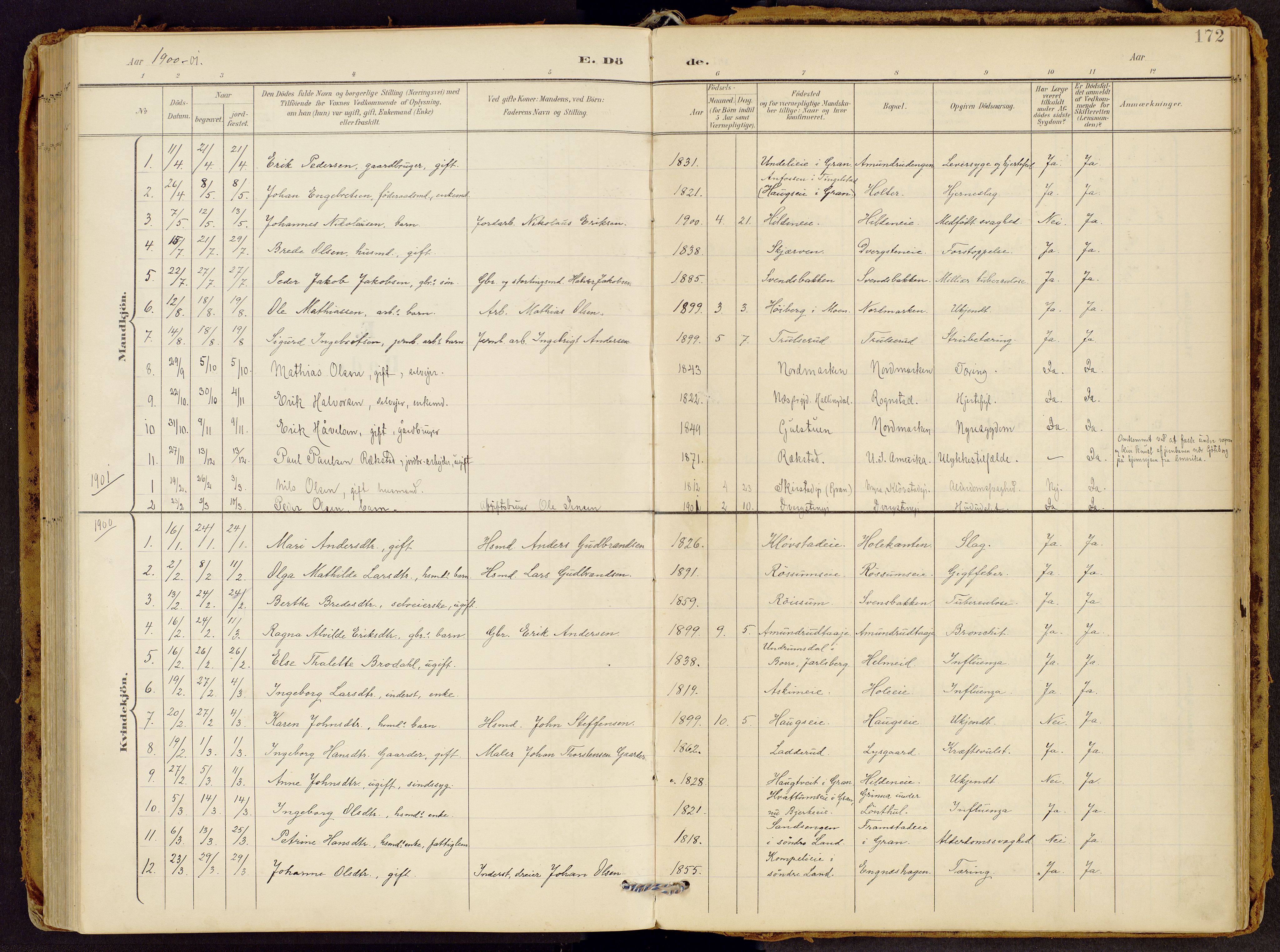 Brandbu prestekontor, SAH/PREST-114/H/Ha/Haa/L0002: Parish register (official) no. 2, 1899-1914, p. 172