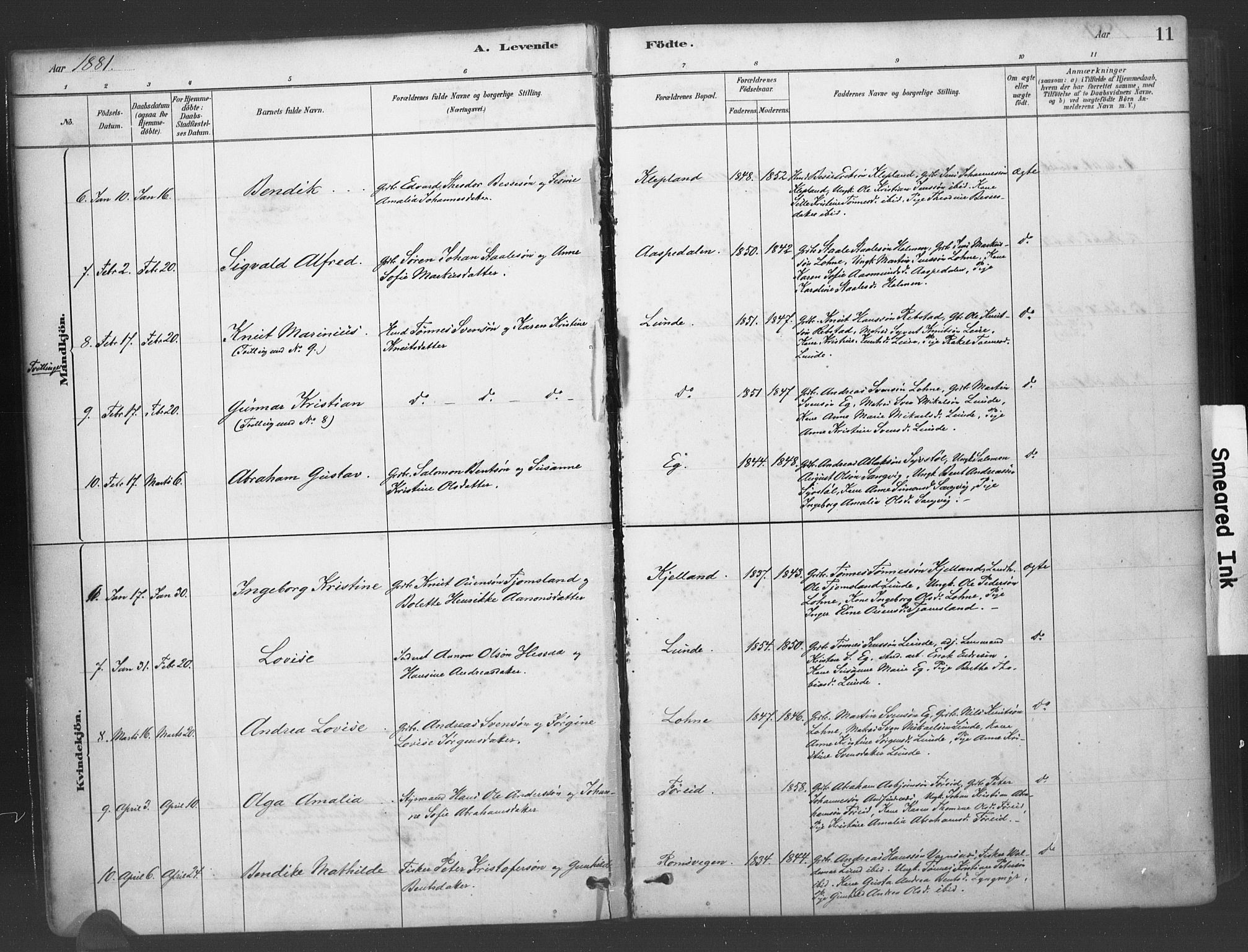 Søgne sokneprestkontor, AV/SAK-1111-0037/F/Fa/Fab/L0012: Parish register (official) no. A 12, 1880-1891, p. 11