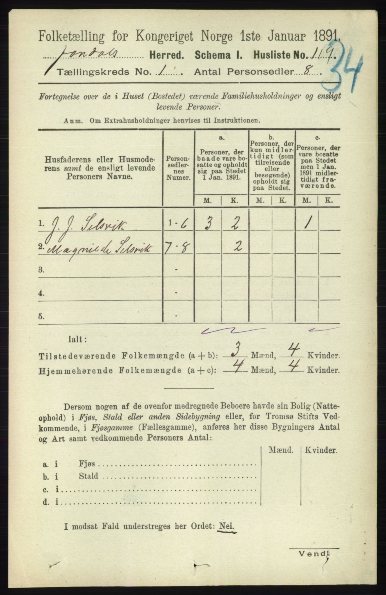 RA, 1891 census for 1227 Jondal, 1891, p. 135