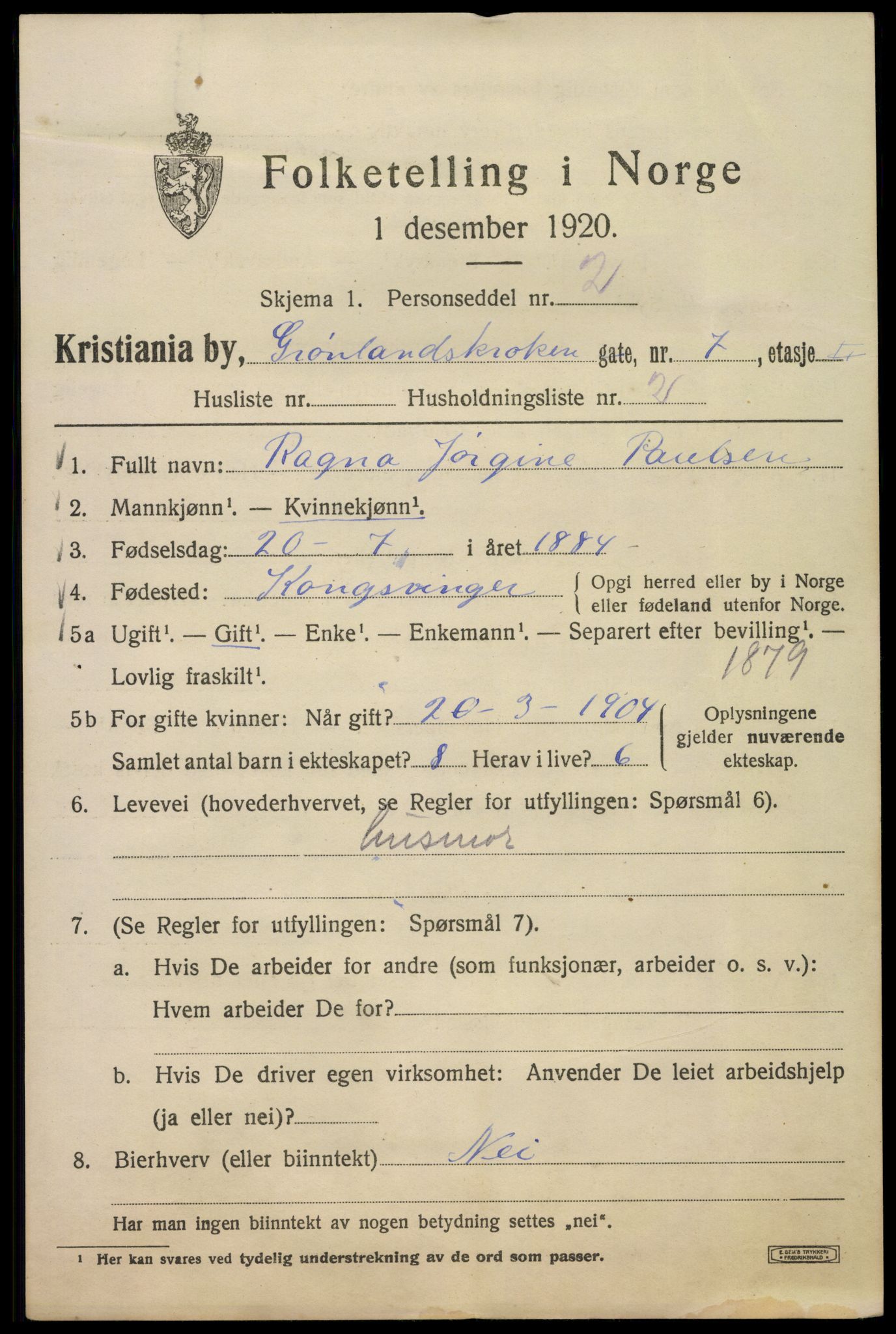 SAO, 1920 census for Kristiania, 1920, p. 255733