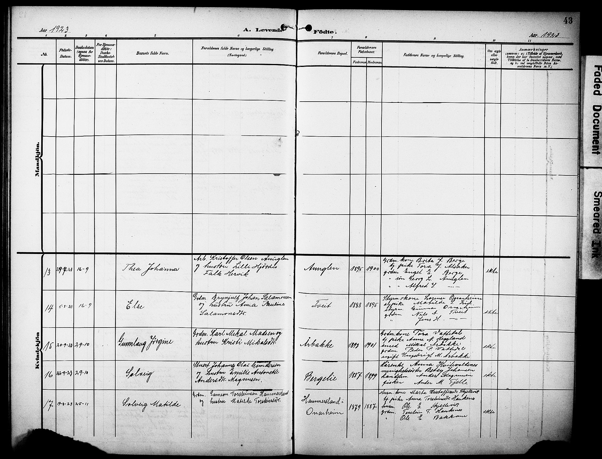 Tysnes sokneprestembete, AV/SAB-A-78601/H/Hab: Parish register (copy) no. C 3, 1908-1924, p. 43