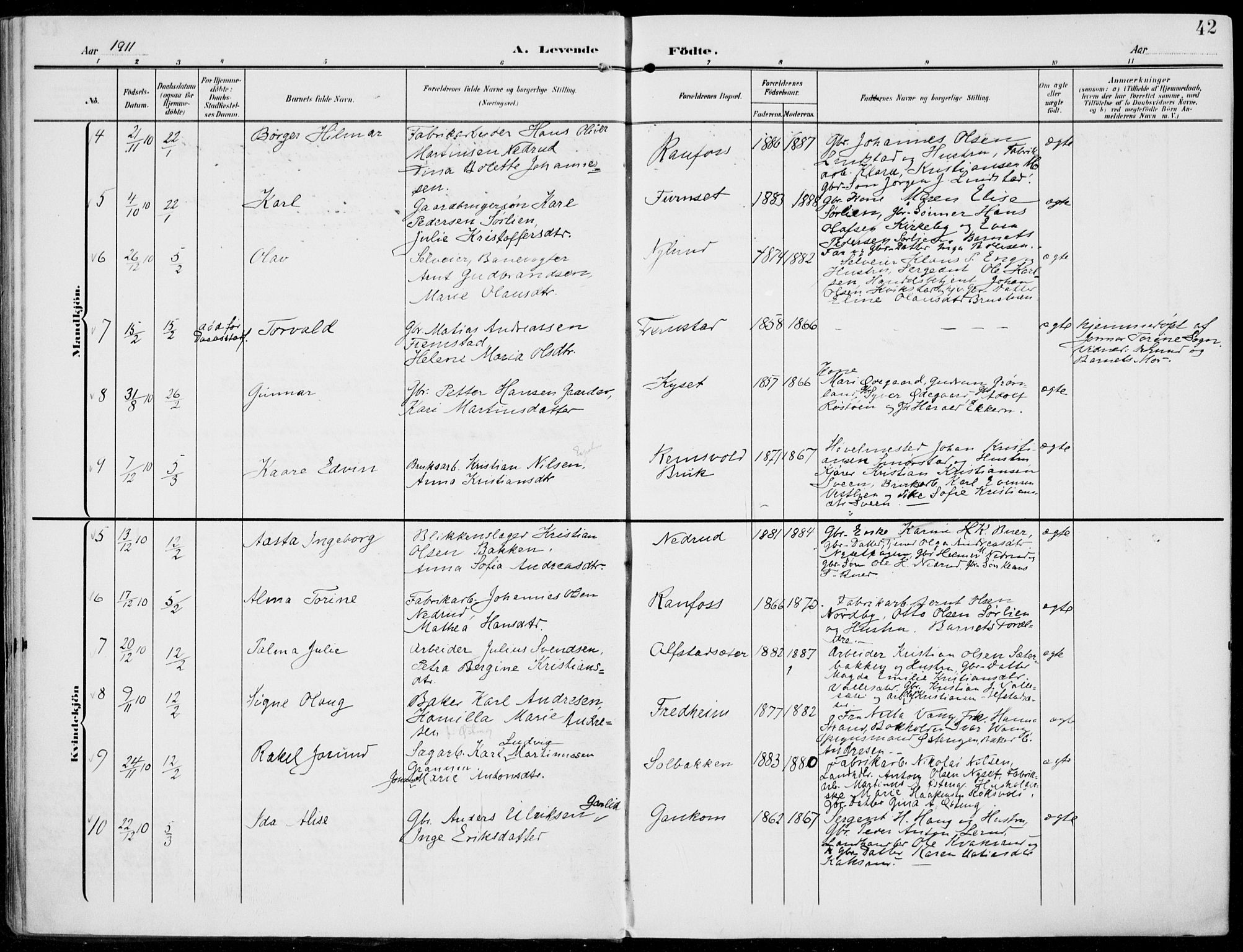 Vestre Toten prestekontor, AV/SAH-PREST-108/H/Ha/Haa/L0014: Parish register (official) no. 14, 1907-1920, p. 42