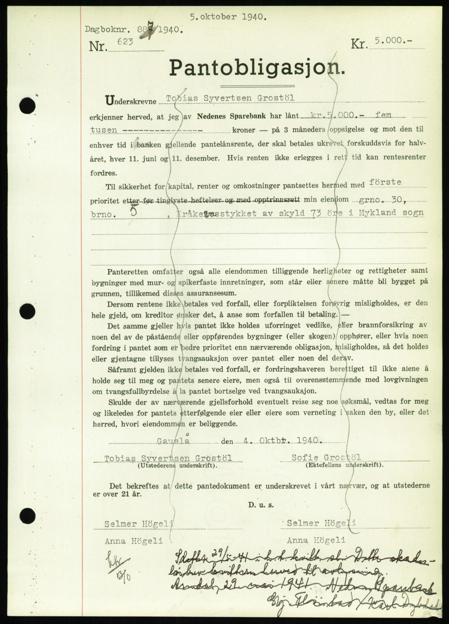 Nedenes sorenskriveri, AV/SAK-1221-0006/G/Gb/Gbb/L0001: Mortgage book no. I, 1939-1942, Diary no: : 887/1940