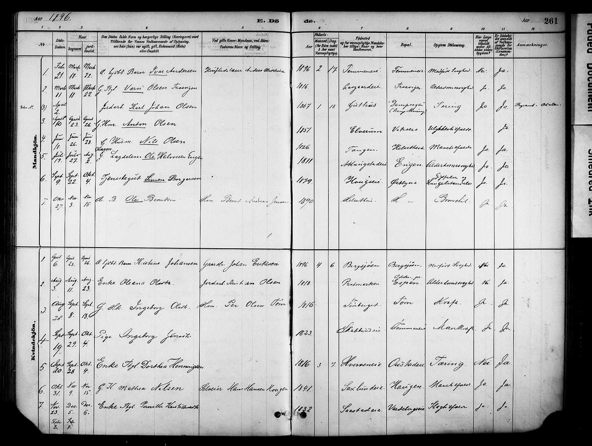 Stange prestekontor, SAH/PREST-002/K/L0018: Parish register (official) no. 18, 1880-1896, p. 261