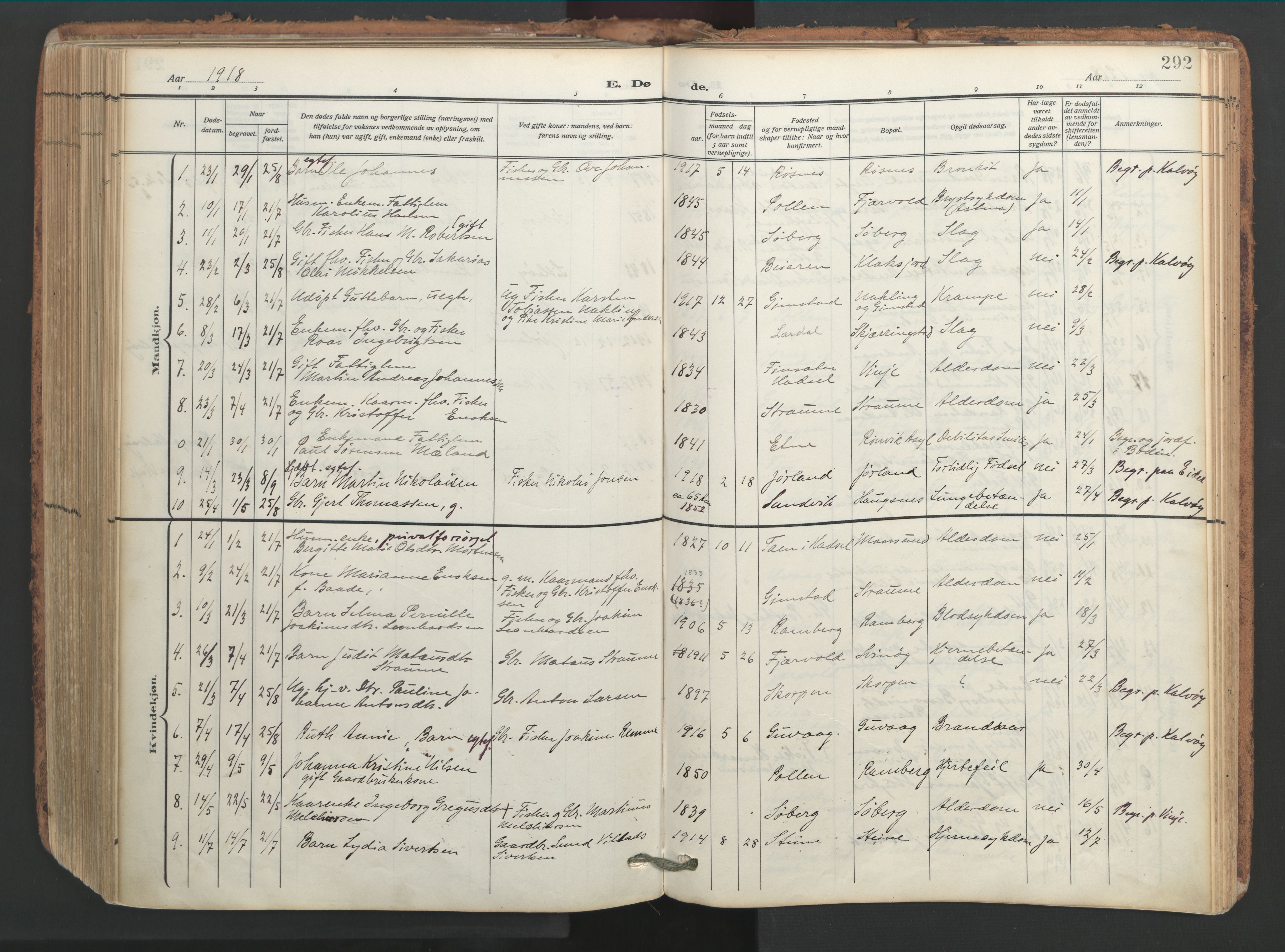Ministerialprotokoller, klokkerbøker og fødselsregistre - Nordland, SAT/A-1459/891/L1306: Parish register (official) no. 891A11, 1911-1927, p. 292